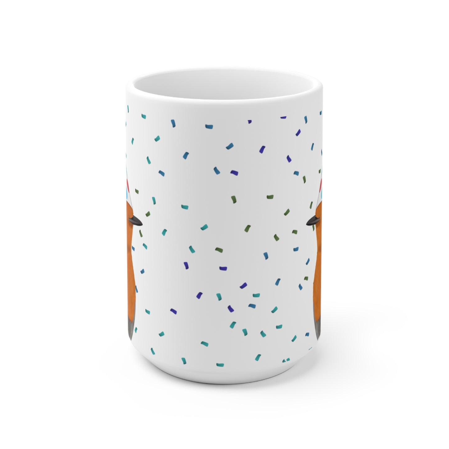 Rotkehlchen feiert Geburtstag mit Partyhut und Konfetti Vogel Tasse