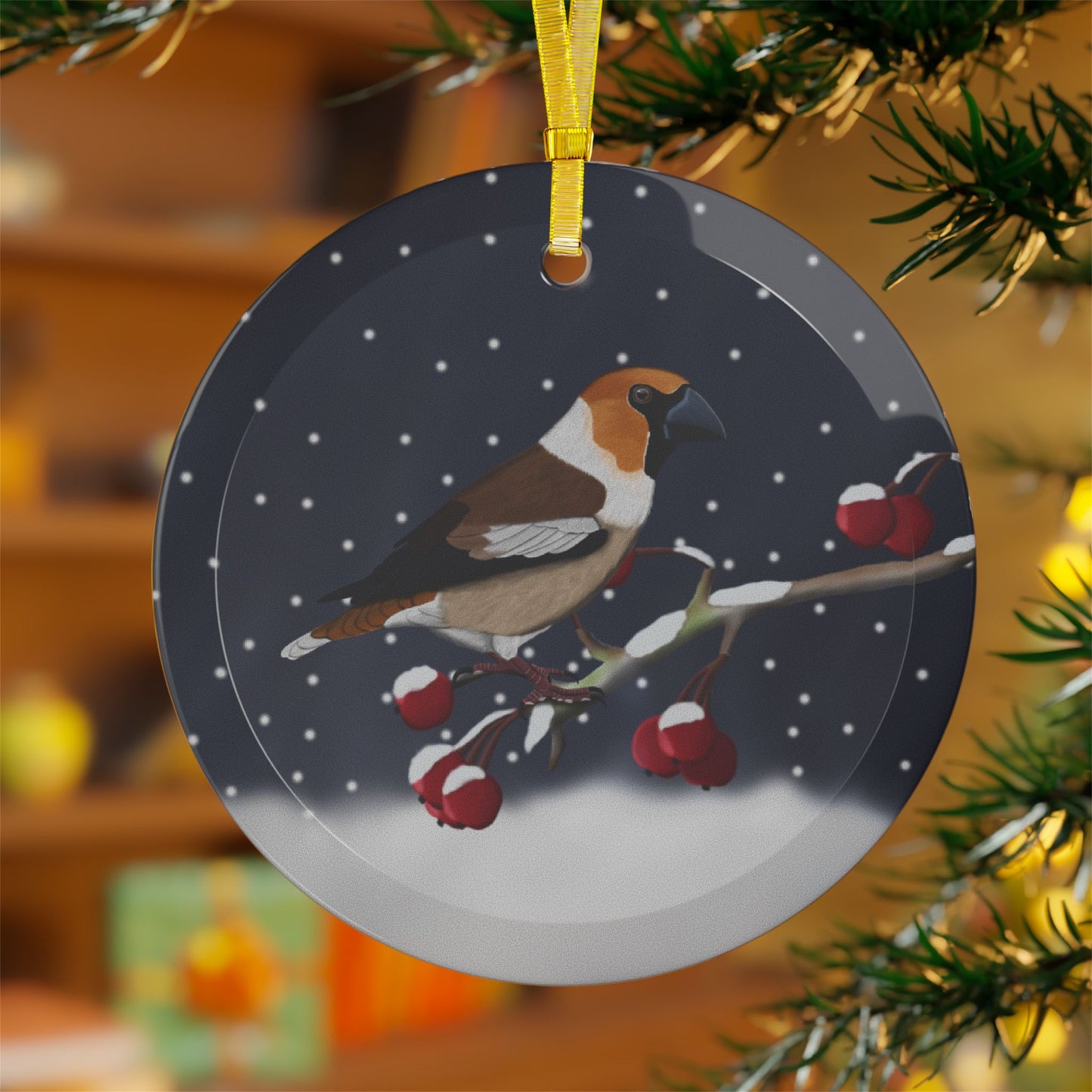 Hawfinch on a Winter Branch Christmas Bird Glass Ornament