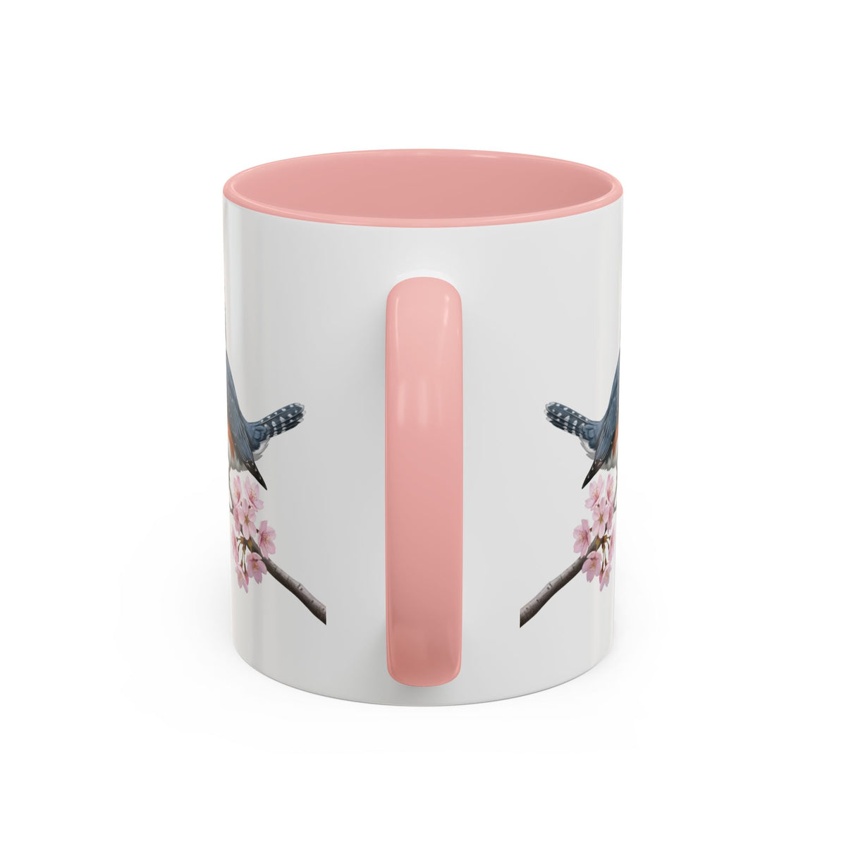 Belted Kingfisher Cherry Blossom Mug | Pink Ceramic Coffee Cup for Bird Lovers – 11oz,