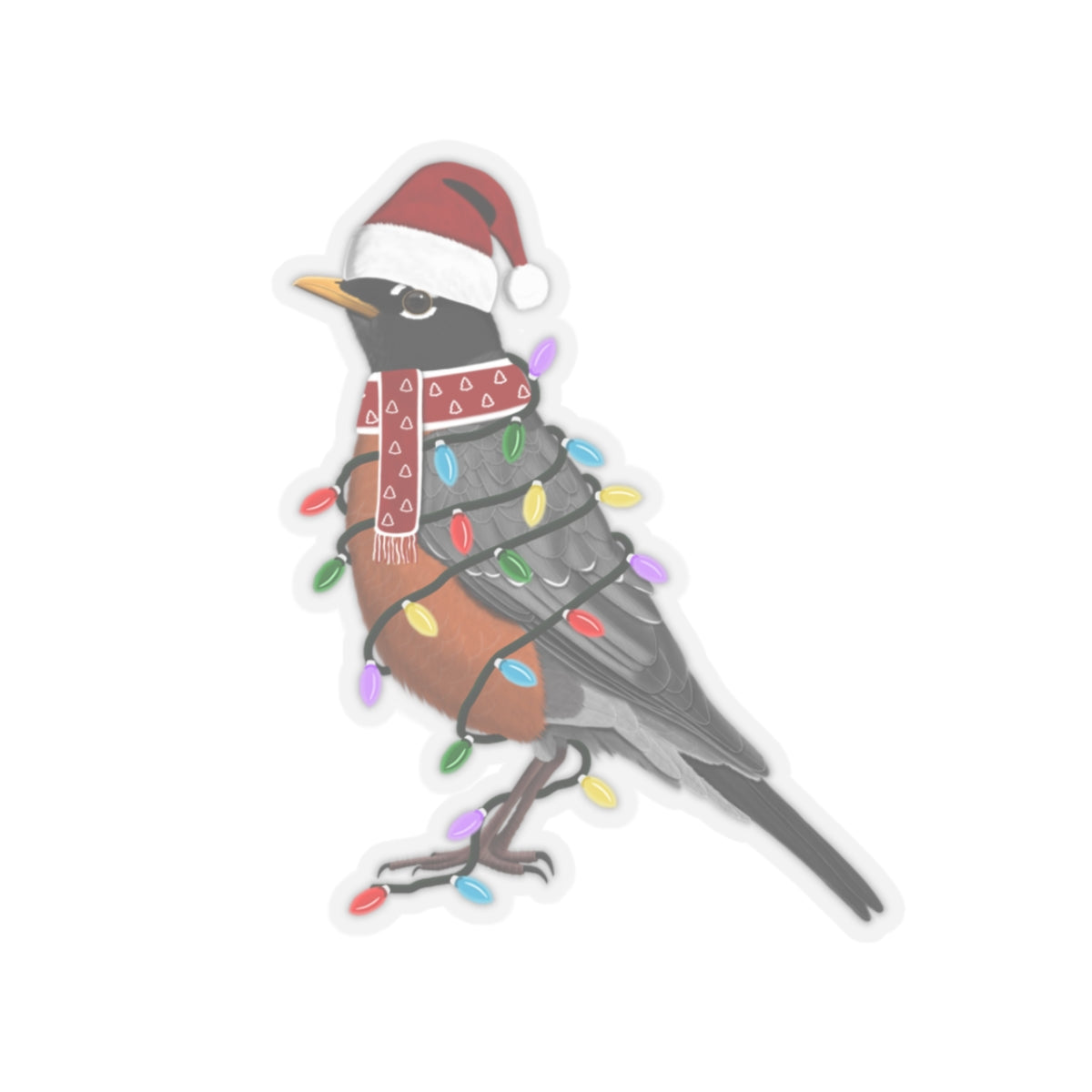 Robin with Fairy Lights Santa Claus Hat and Scarf Christmas Bird Sticker