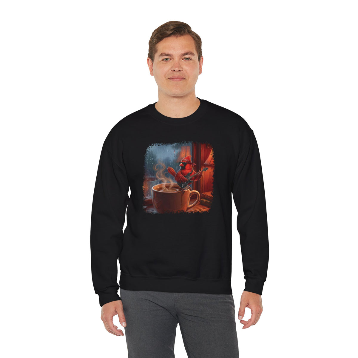Cozy Rainy Day Coffee Sweatshirt – Vintage Cardinal with Guitar Graphic