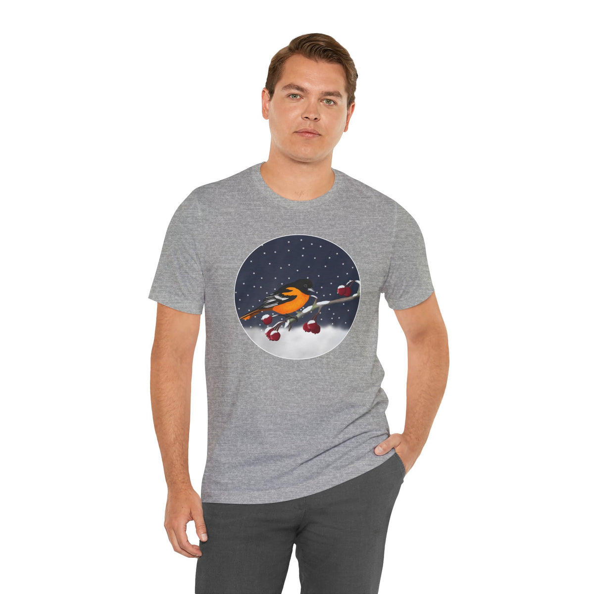 Baltimore Oriole on a Winter Branch Birdwatcher Christmas Bird T-Shirt