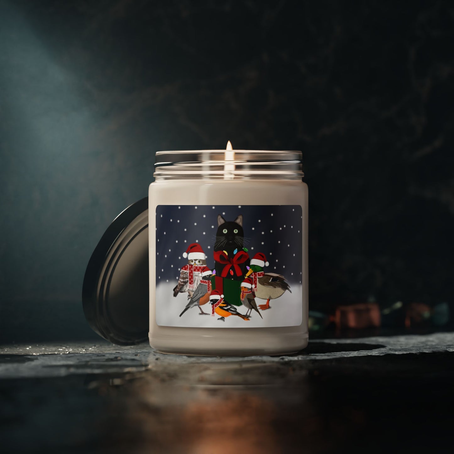 Robin Oriole Mallard Owl with Cat Christmas Bird Art Scented Soy Candle, 9oz