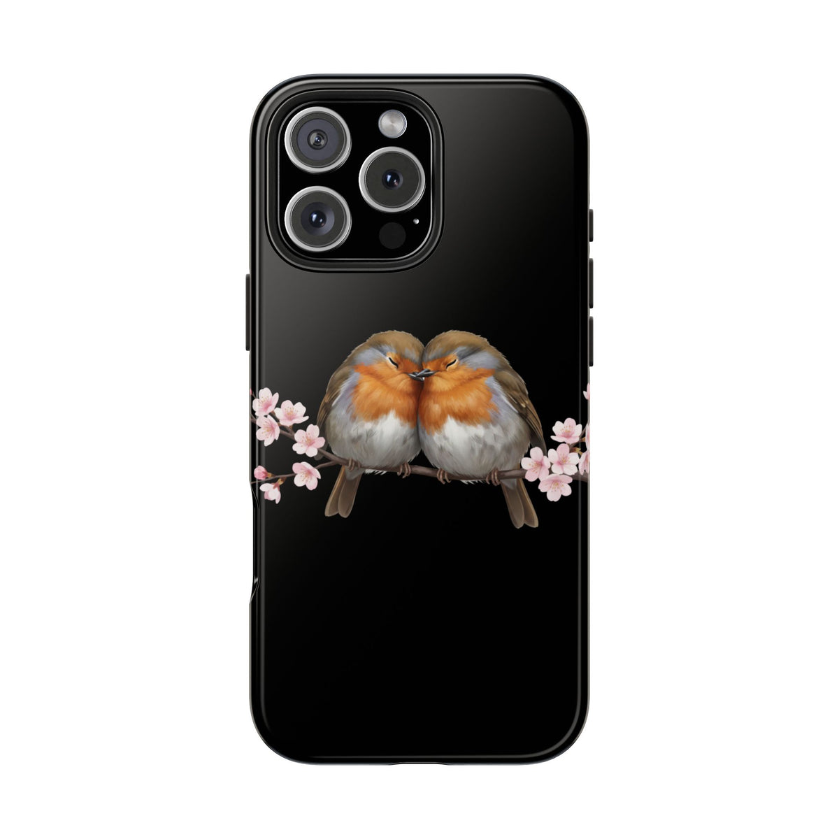European Robin with Cherry Blossoms iPhone Case – Premium Tough Phone Cover Black
