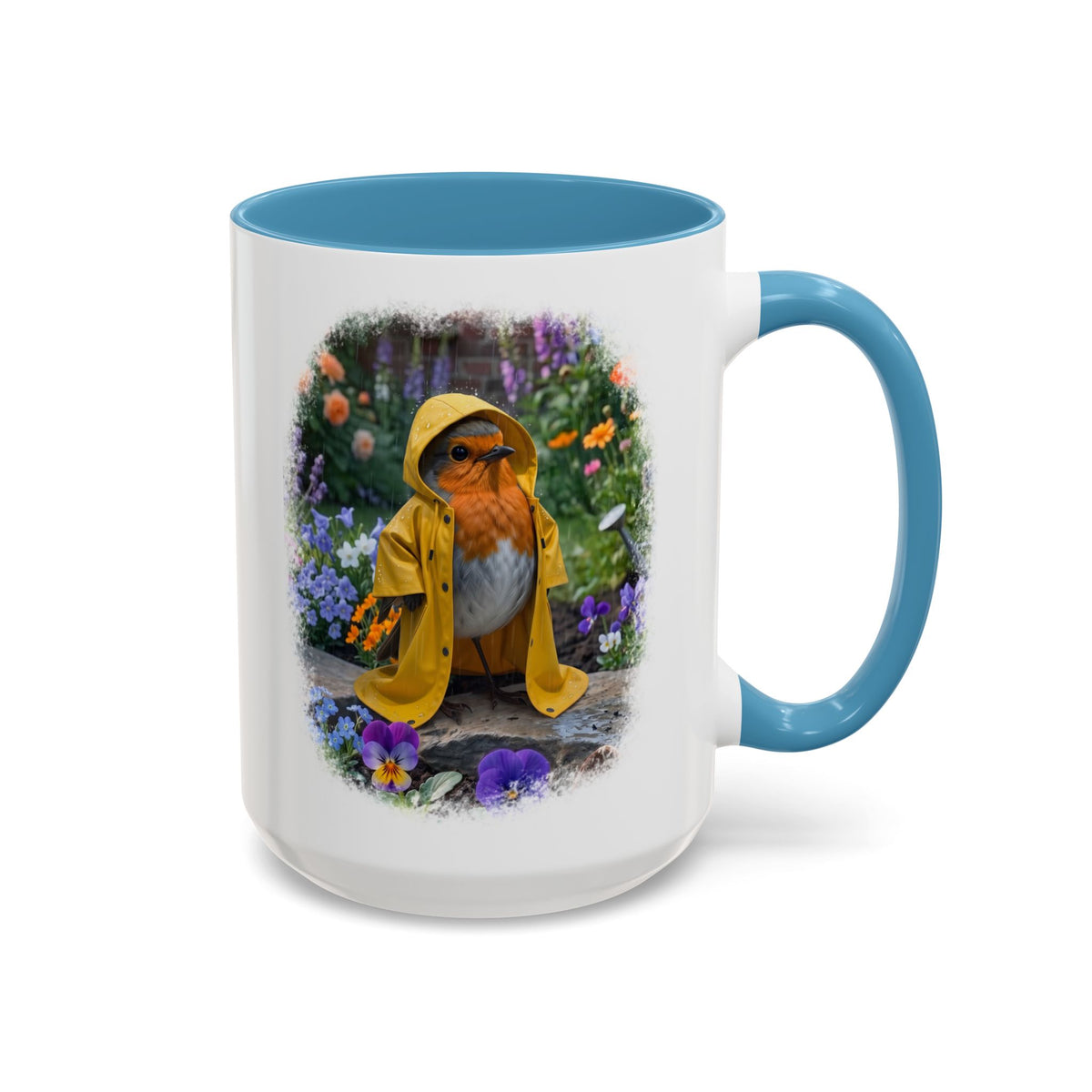 Robin Rosi Yellow Raincoat Garden Premium Mug for Bird Lovers