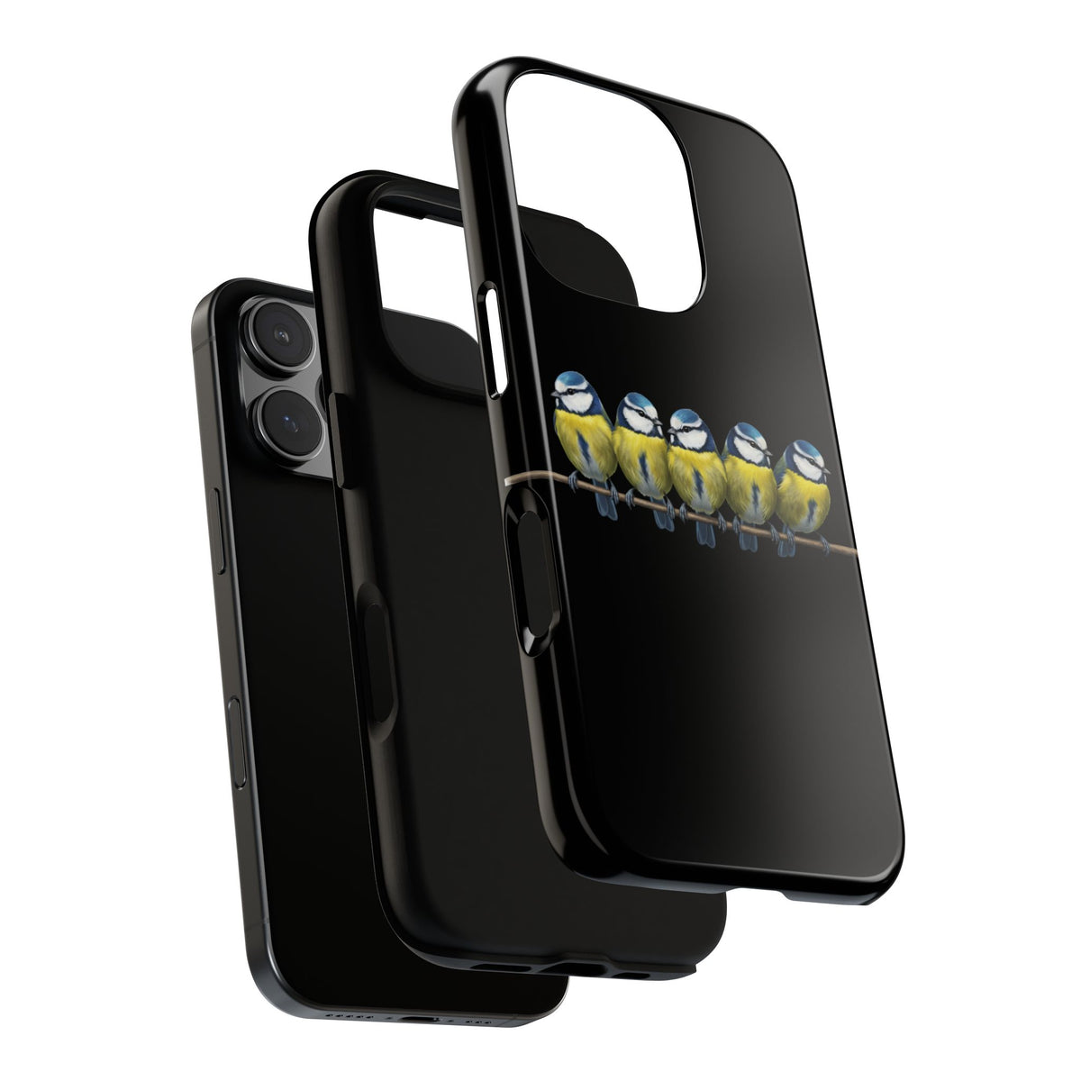 Funda premium para móvil de carbonero azul en una rama – Doble protección e impresión integral, negra