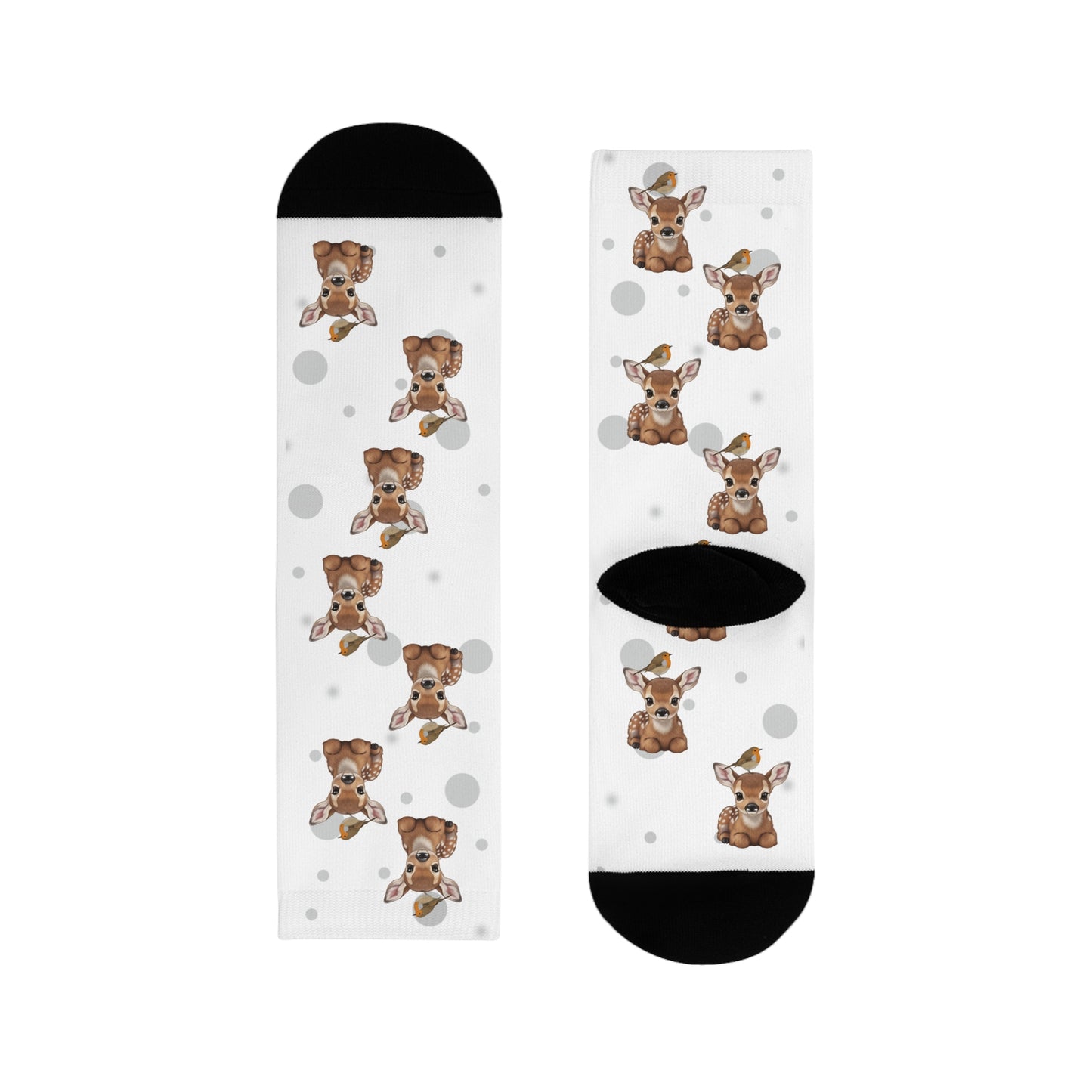 Rotkehlchen Socken mit Rehkitz Vogelsocken mit Tiermotiven Graue Punkte