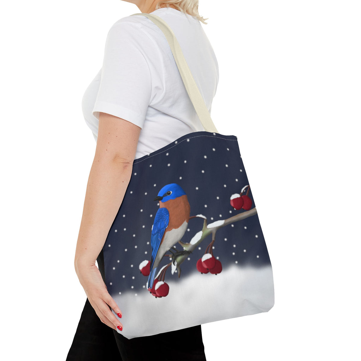 Bluebird on a Winter Branch Christmas Bird Tote Bag 16"x16"