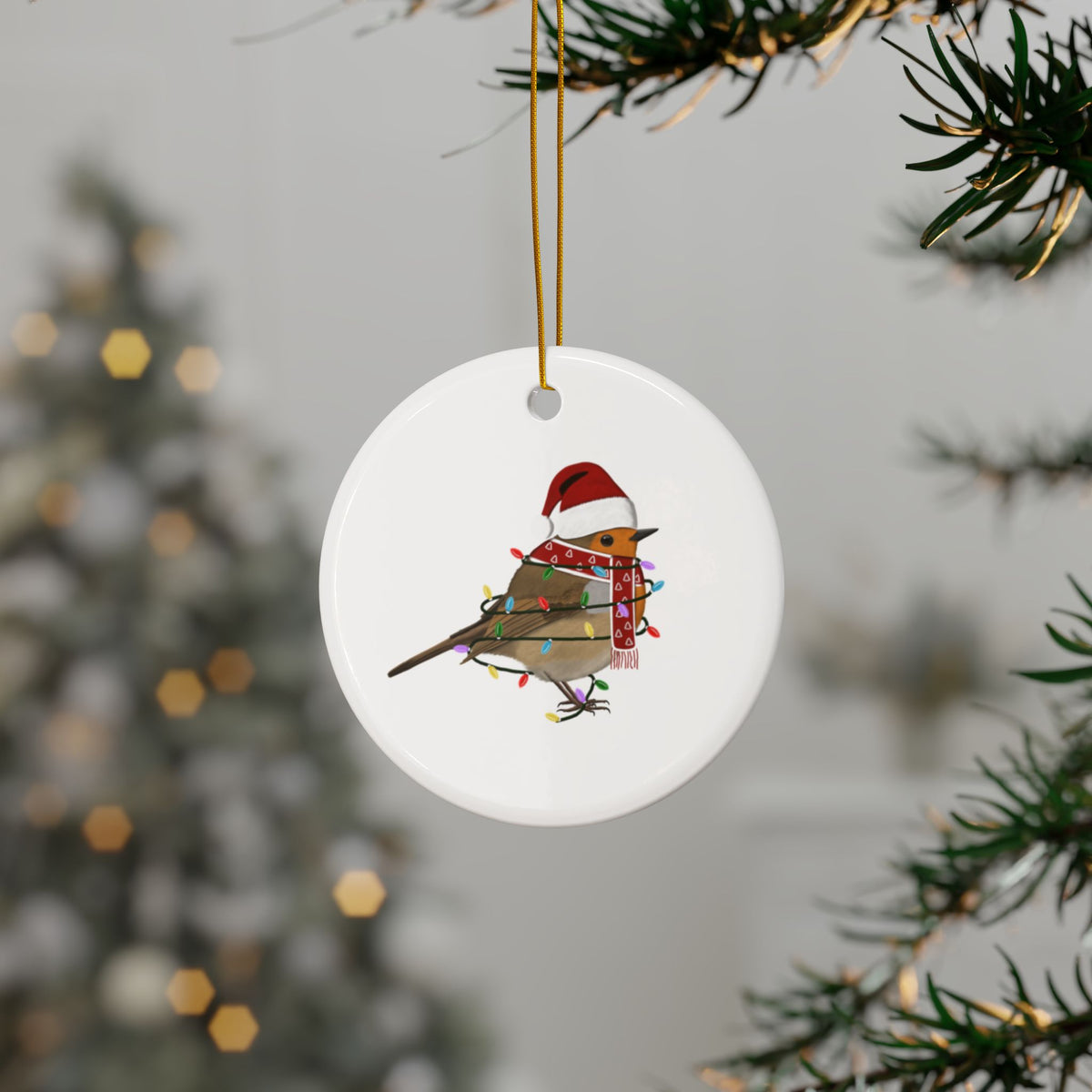 サンタクロースのヨーロッパコマドリの陶器製クリスマスオーナメント | 丈夫な両面鳥愛好家向け装飾