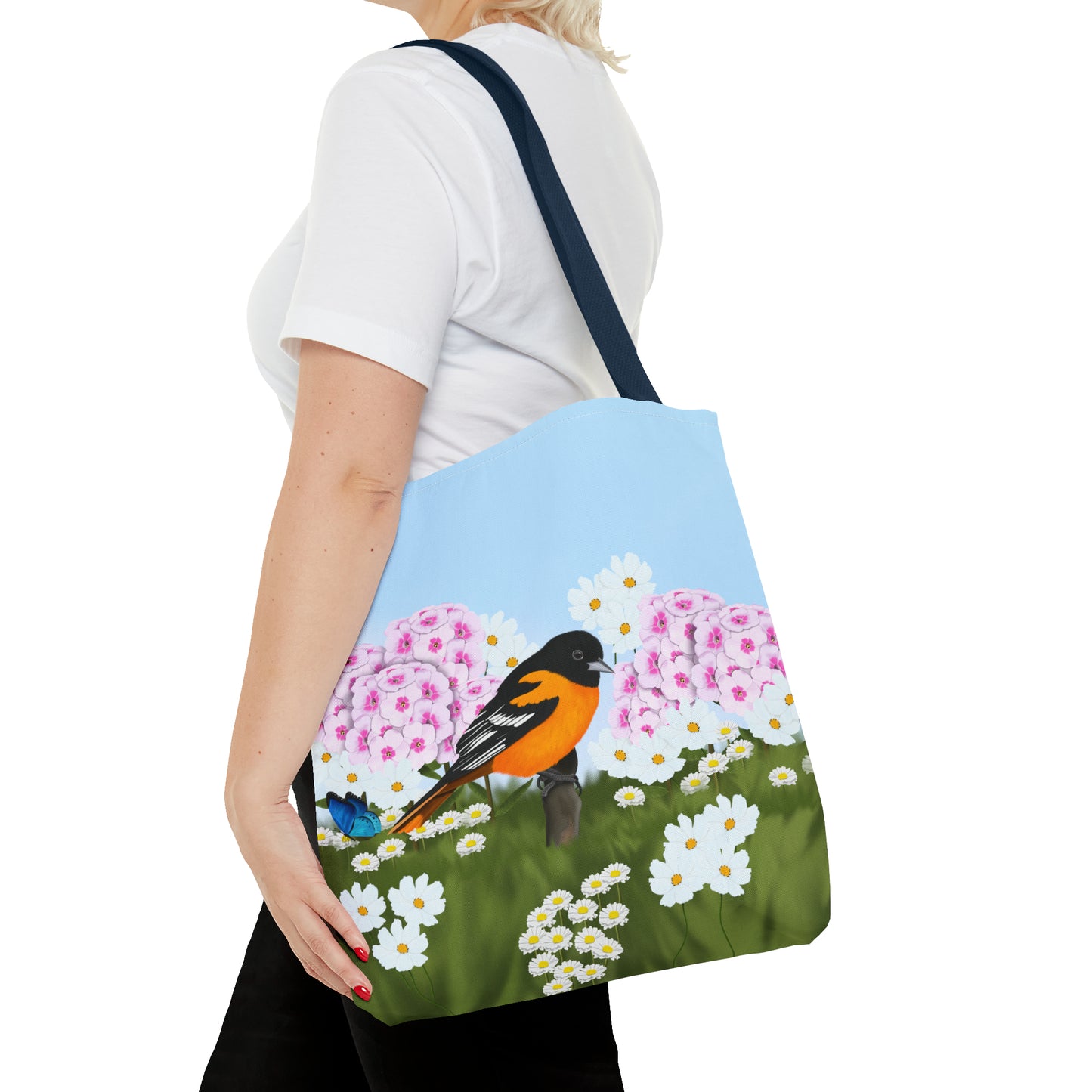Baltimore Oriole in Summer Flowers Bird Tote Bag 16"x16" - jz.birds