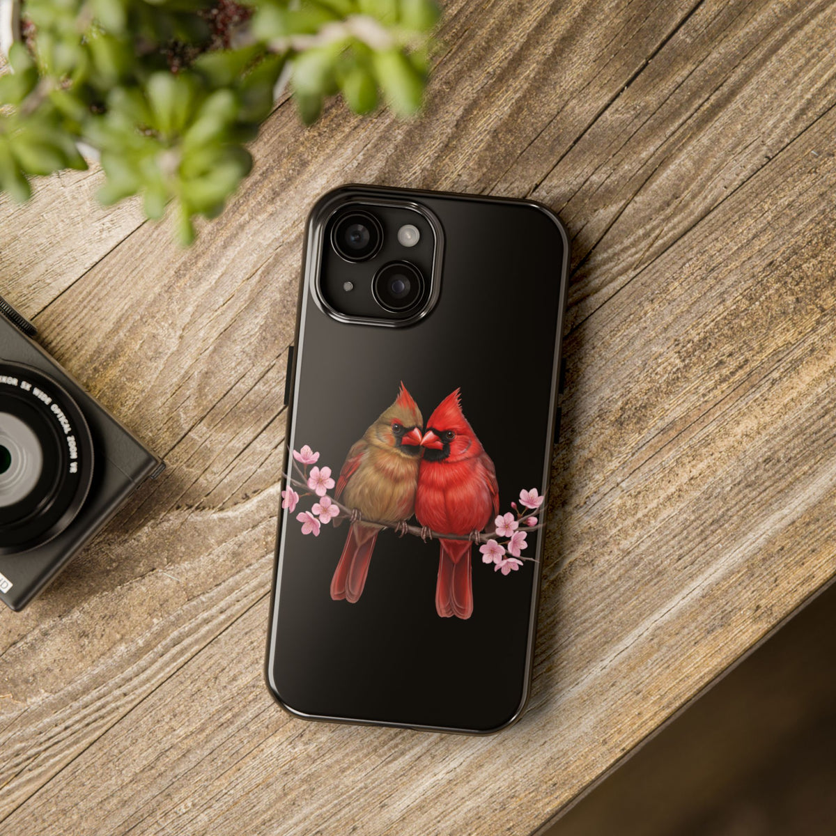Northern Cardinal with Cherry Blossoms iPhone Case – Premium Tough Phone Cover Black
