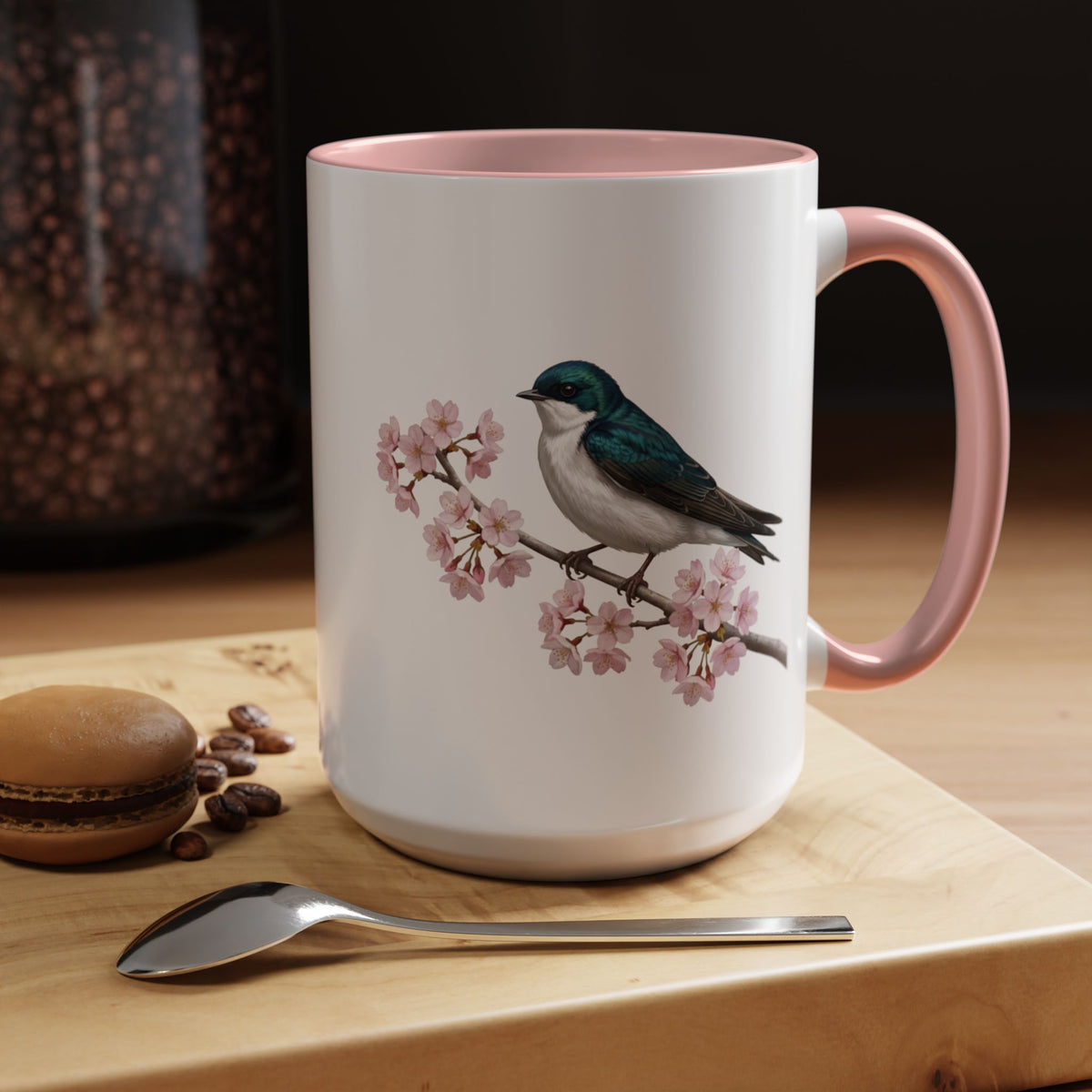 Tree Swallow Cherry Blossom Mug | Pink Ceramic Coffee Cup for Bird Lovers