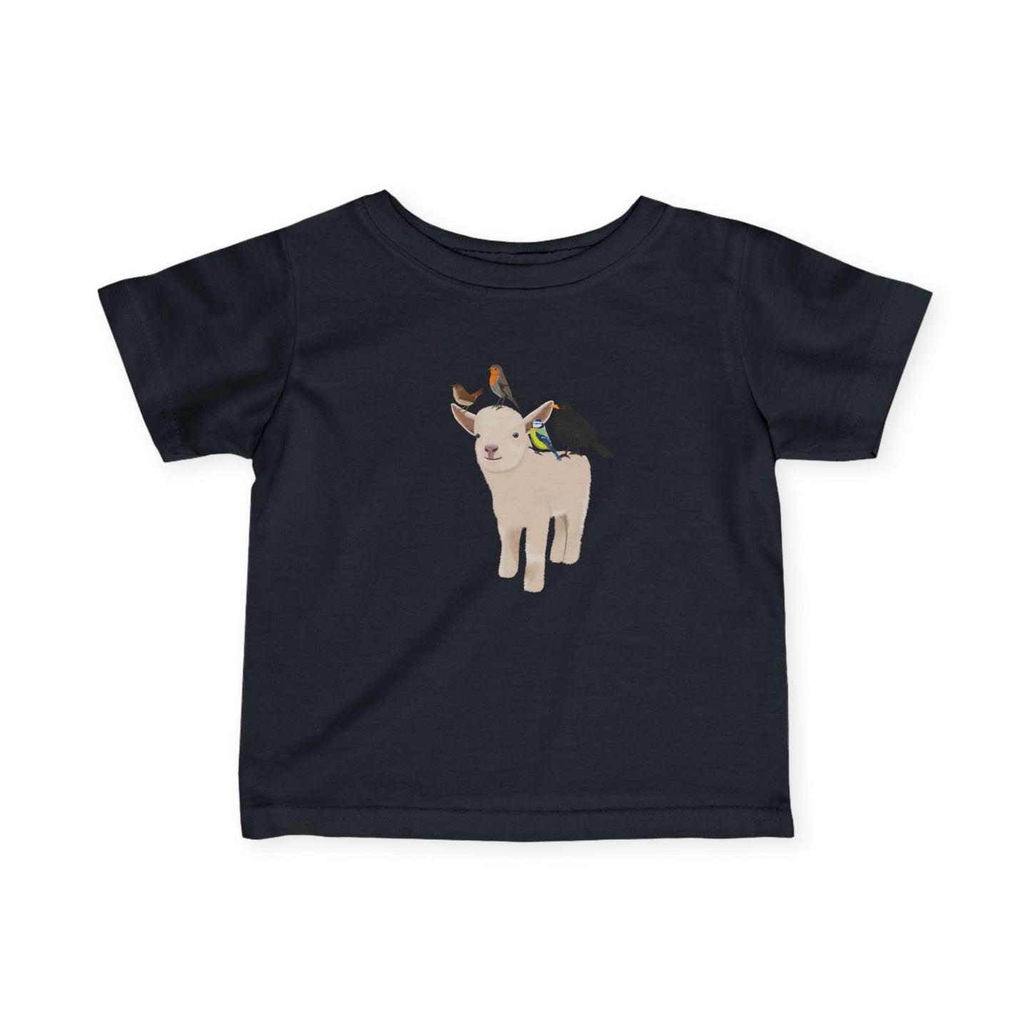 Süßes Lamm mit Amsel Blaumeise Rotkehlchen Zaunkönig Vogel Tiermotiv T-Shirt für Babys und Kleinkinder