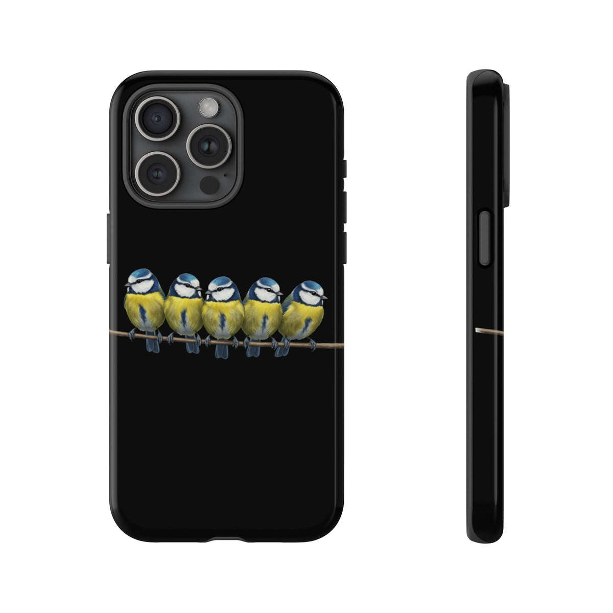 Funda premium para móvil de carbonero azul en una rama – Doble protección e impresión integral, negra