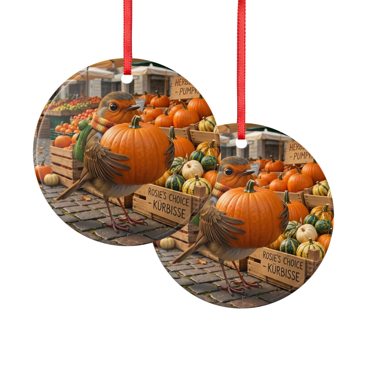 Premium Keramik Ornament Rosi Rotkehlchen & der Riesen-Kürbis | 7,5x7,5 cm | Lustige Herbst Deko für Vogelfreunde