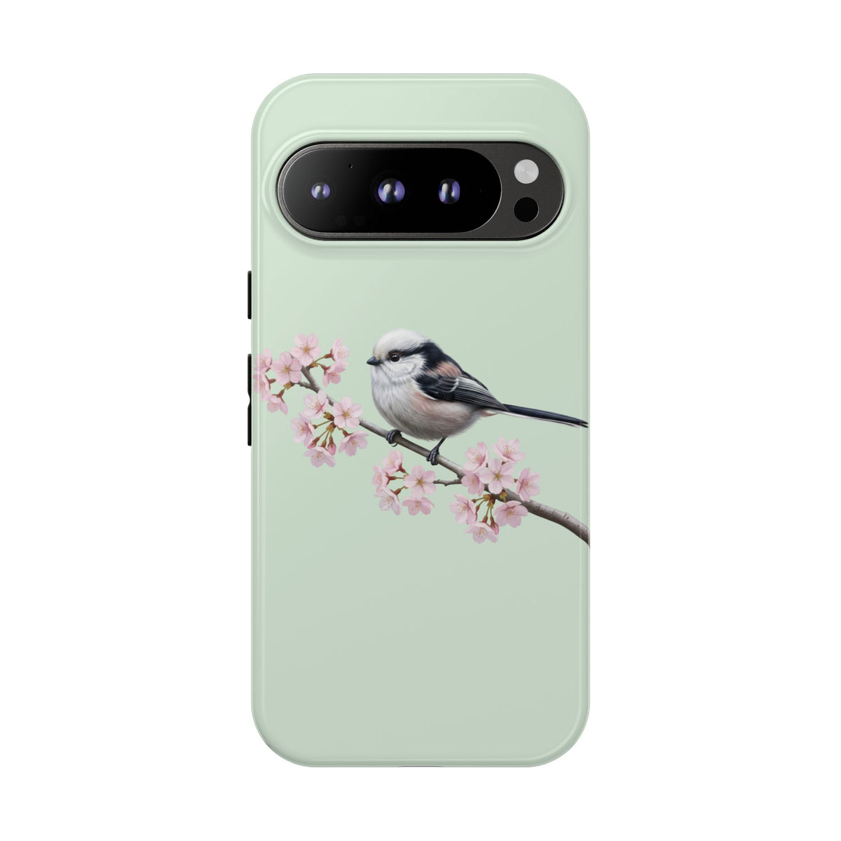 Funda para móvil de carbonero común en verde salvia | Motivo floral de pájaro y flores de cerezo para iPhone y Google Pixel