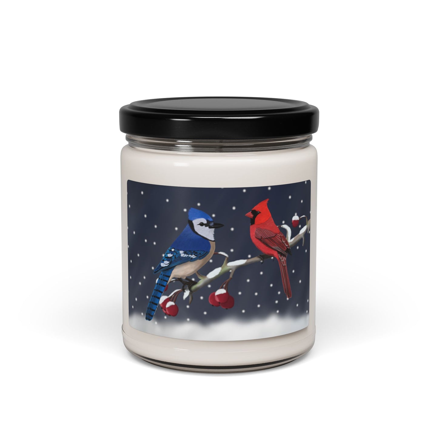 Blue Jay Cardinal on a Winter Branch Christmas Bird Art Scented Soy Candle, 9oz