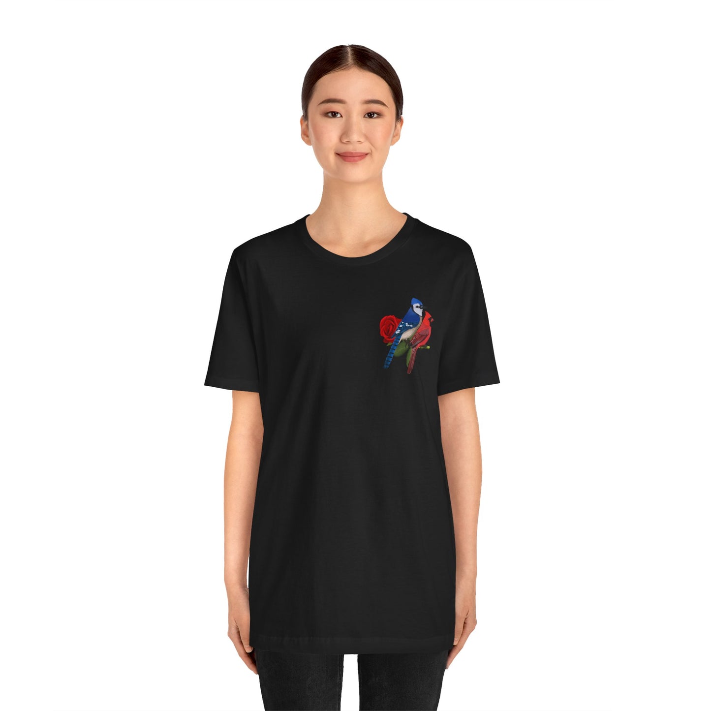 Valentine's Day Blue Jay Cardinal Birds on Rose T-Shirt