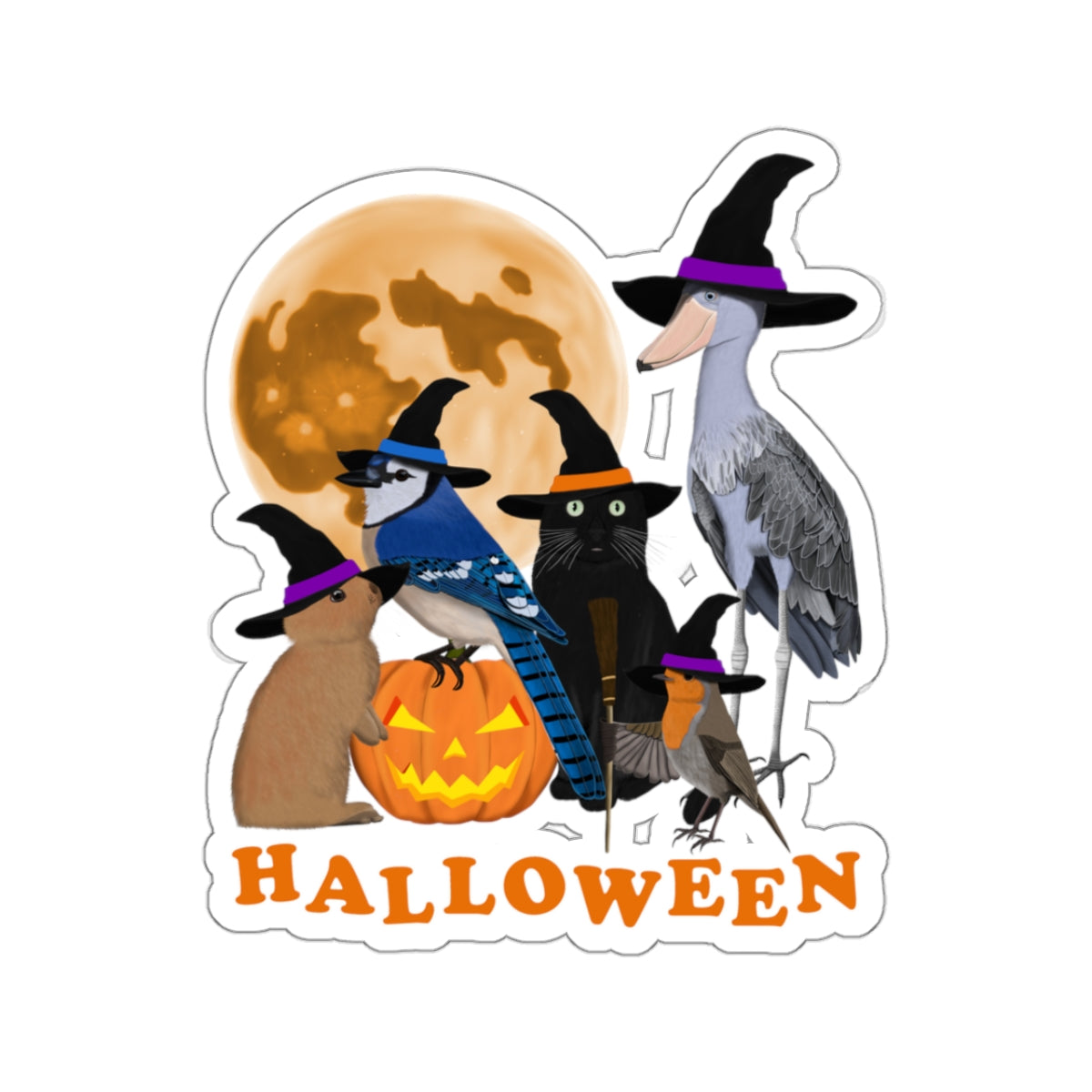 Blue Jay Robin Shoebill with Cat and Bunny Halloween Bird Sticker – Paper products