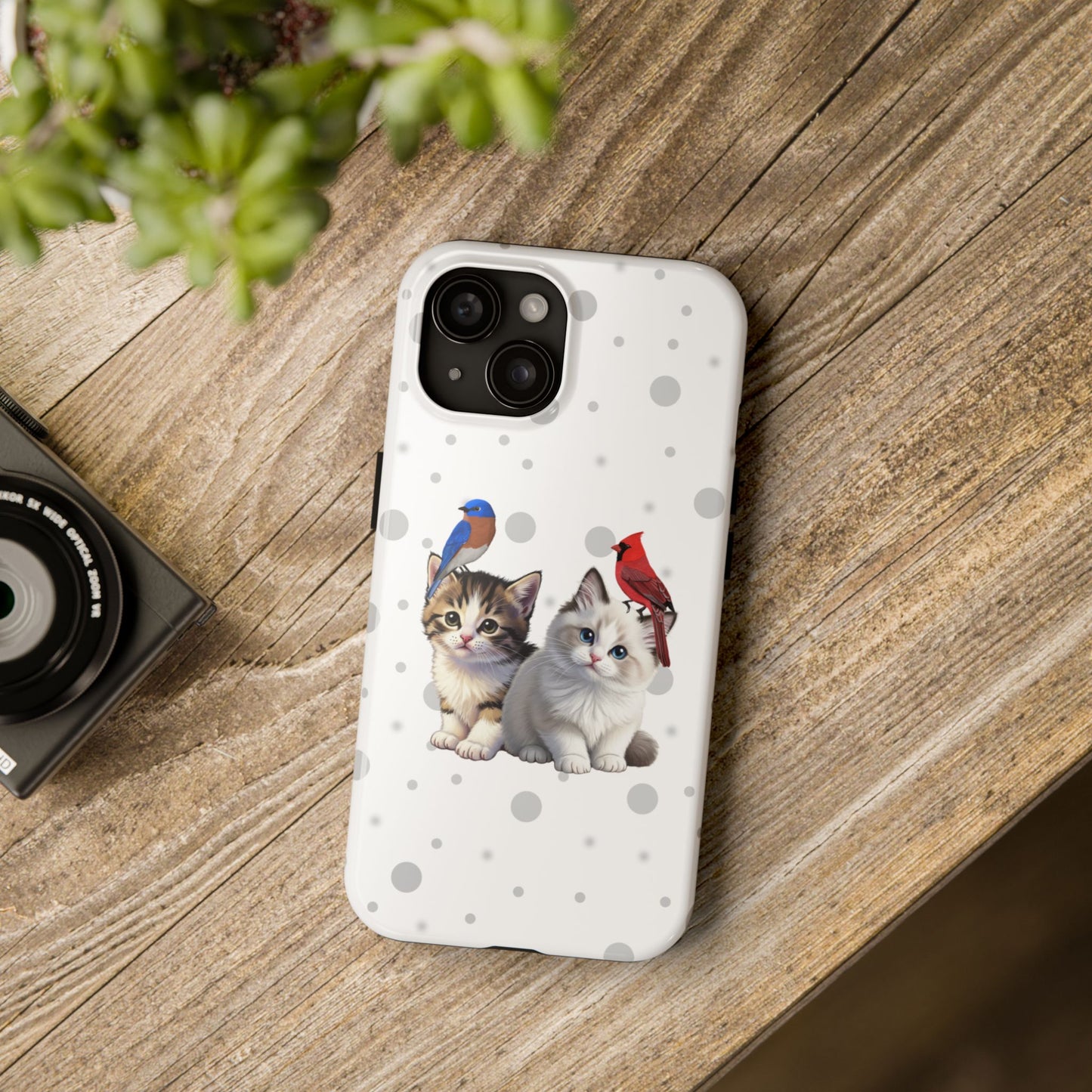 Cute Kitten with Cardinal and Bluebird Animal iPhone Case - Dual-Layer PC/TPU Protective Cover for iPhone