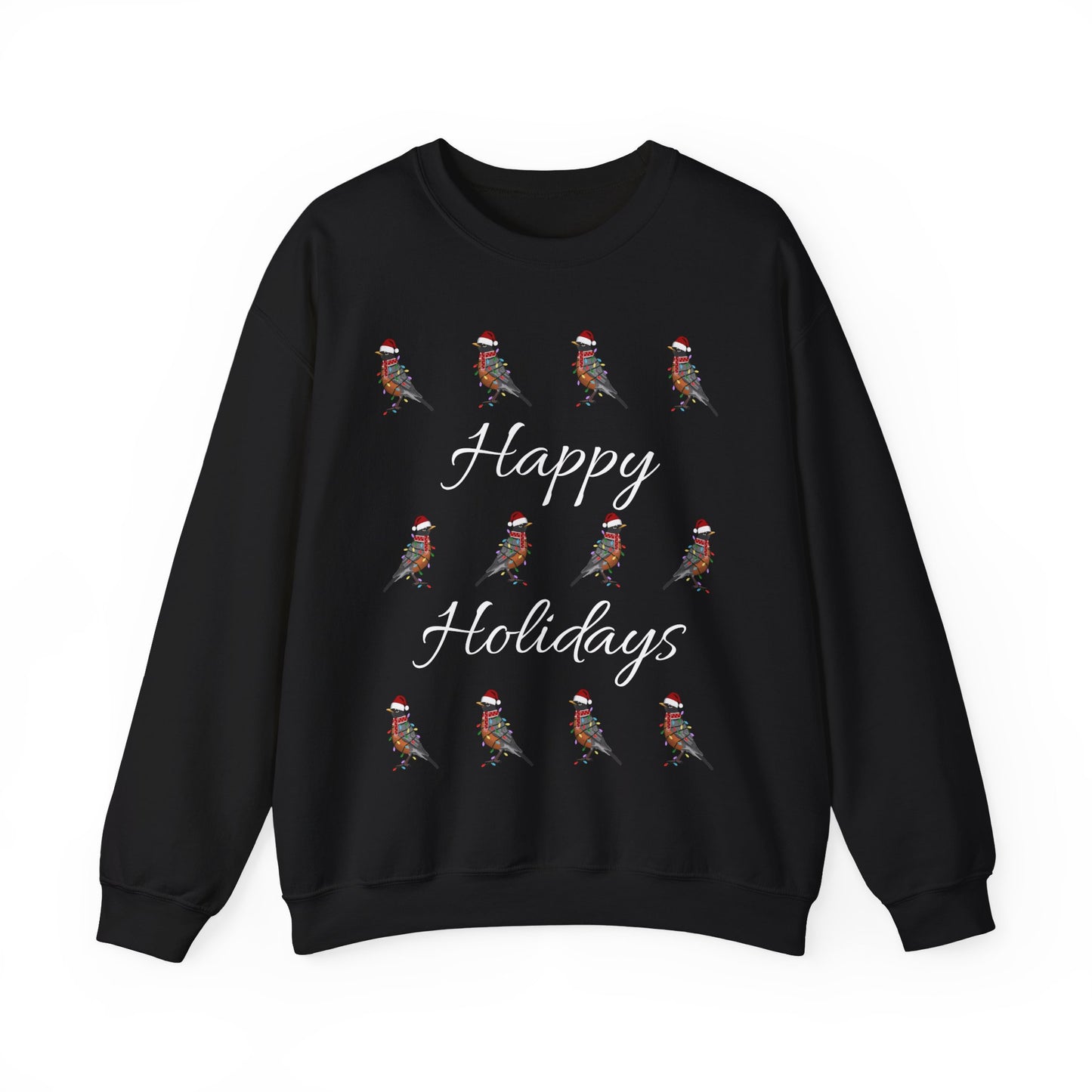 American Robin as Santa with Hat Scarf and Fairy Lights Happy Holidays Birdwatcher Christmas Bird Sweatshirt
