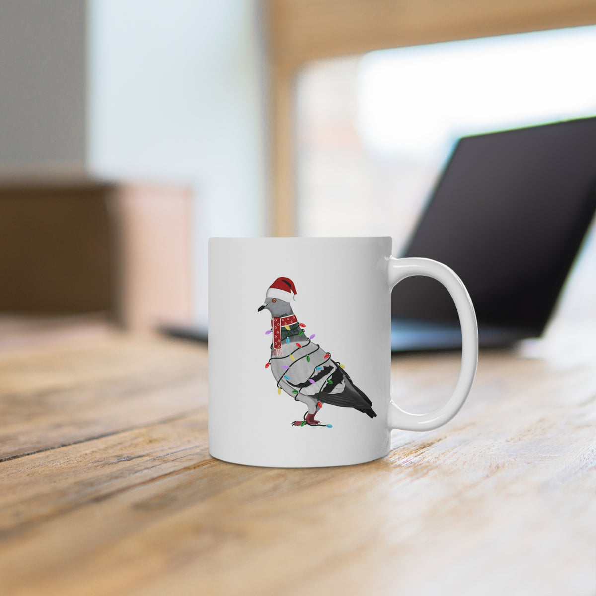 Taube Tasse Vogel als Weihnachtsmann mit Lichterkette Weiß für Vogelfreunde – 11 oz,