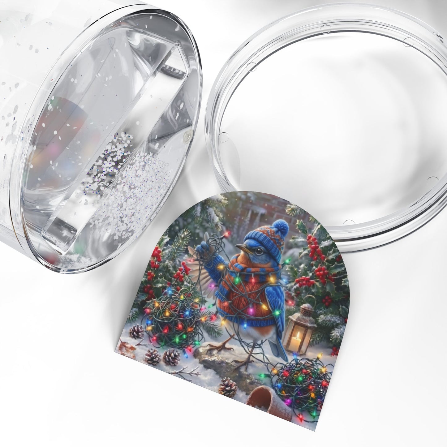 Eastern Bluebird Christmas Snow Globe – Tangled Lights Winter Bird Art