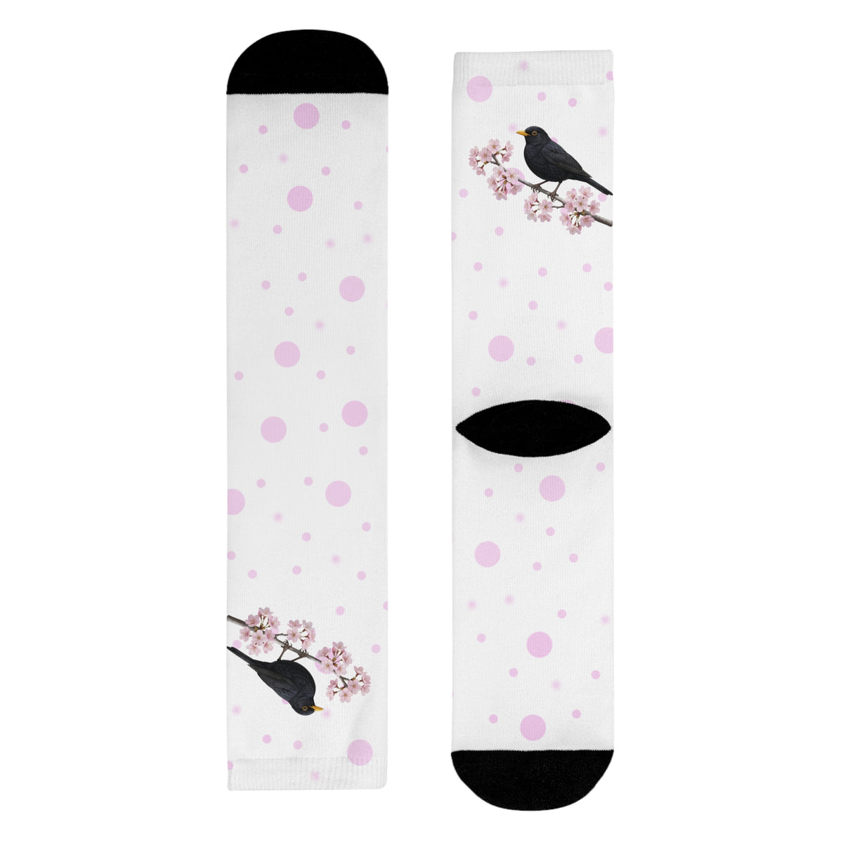 Amsel Socken – mit Kirschblüten | Weiß Rosa gepunktete Vogelmotiv Strümpfe