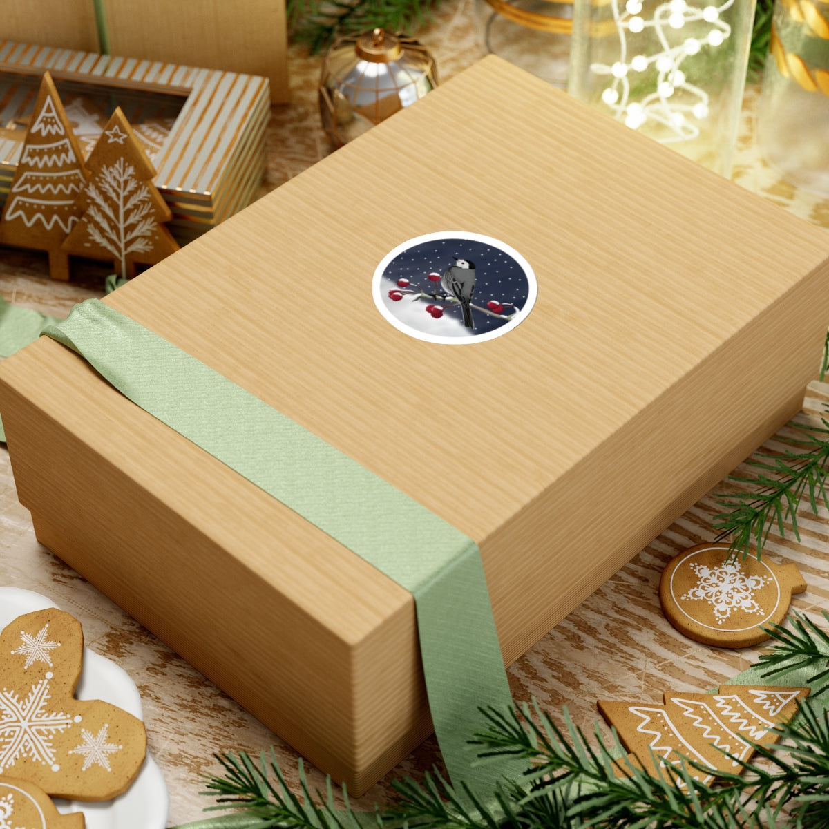 冬の枝にとまるハクセキレイのクリスマス鳥ステッカー
