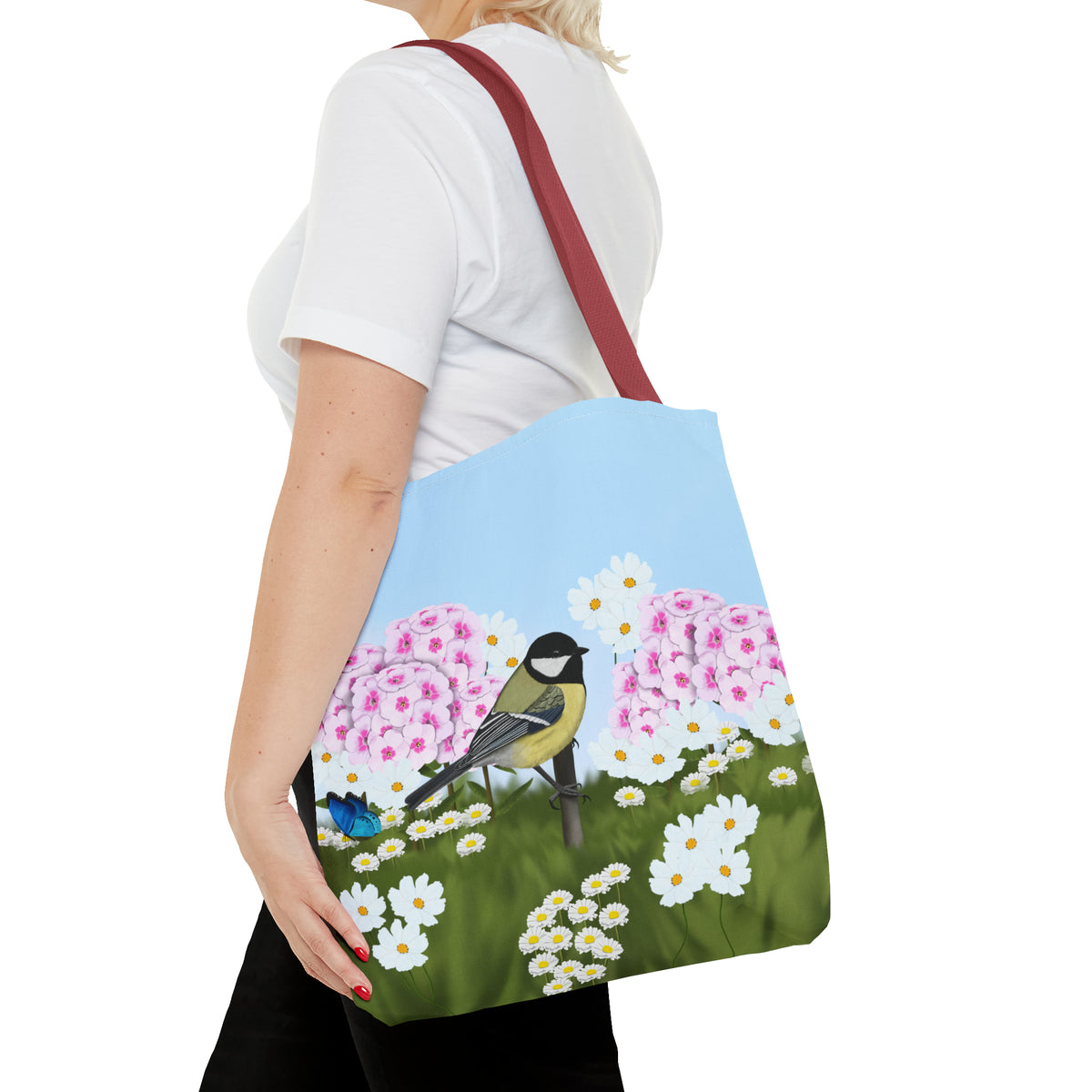 Chickadee in Summer Flowers Bird Tote Bag 16"x16" - jz.birds