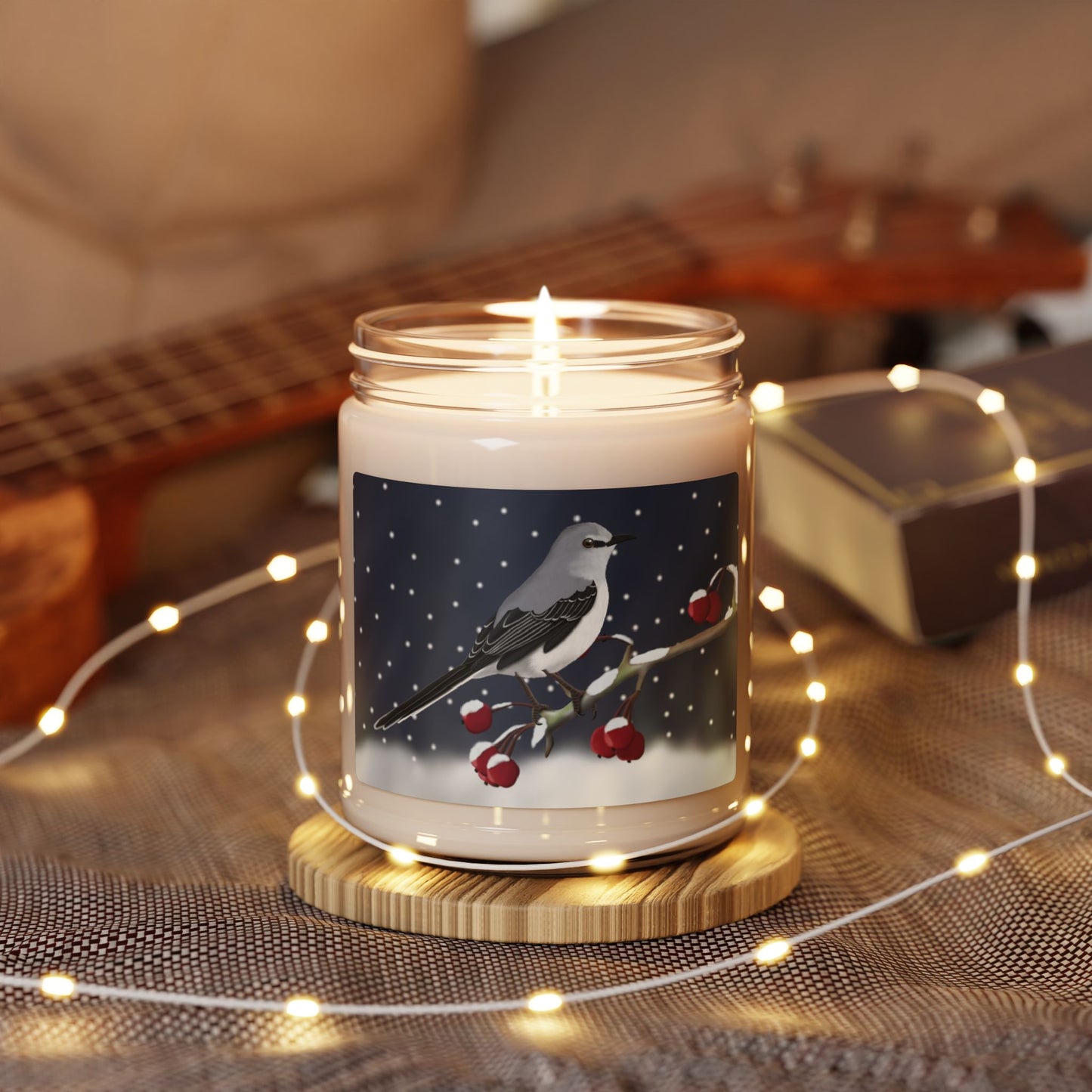 Mockingbird on a Winter Branch Christmas Bird Art Scented Soy Candle, 9oz