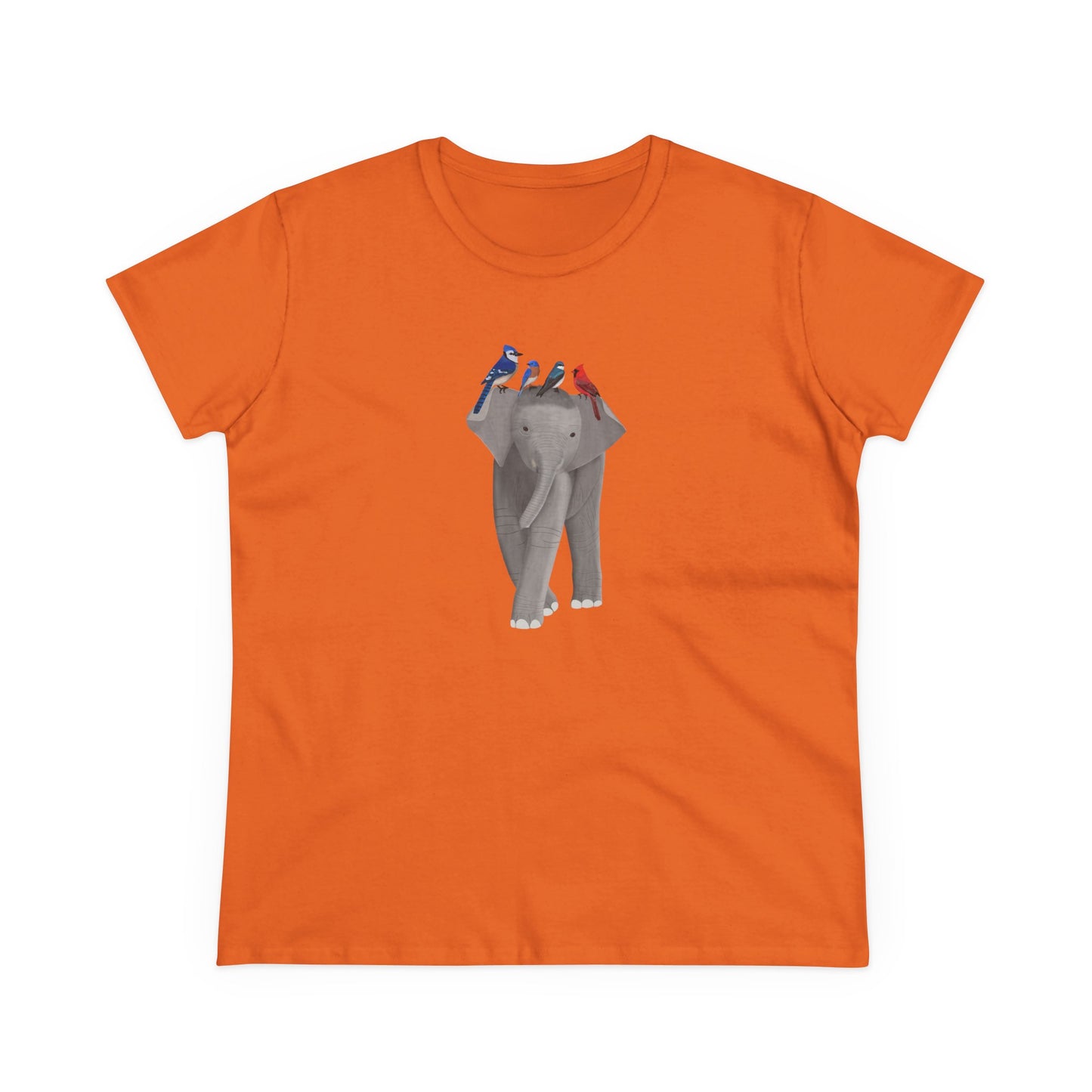 Elephant with Birds Blue Jay Cardinal Bluebird Design for Birdwatchers and Bird Lovers Women's T-Shirt