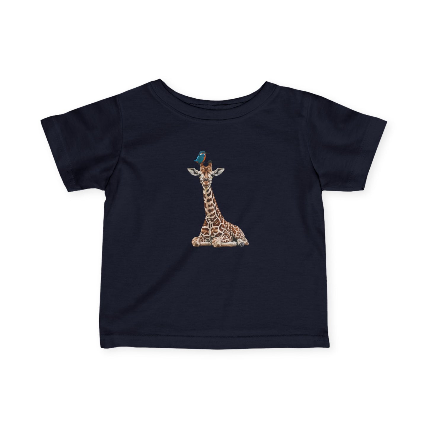 Süße Baby Giraffe mit Eisvogel Vogel Tiermotiv T-Shirt für Babys und Kleinkinder