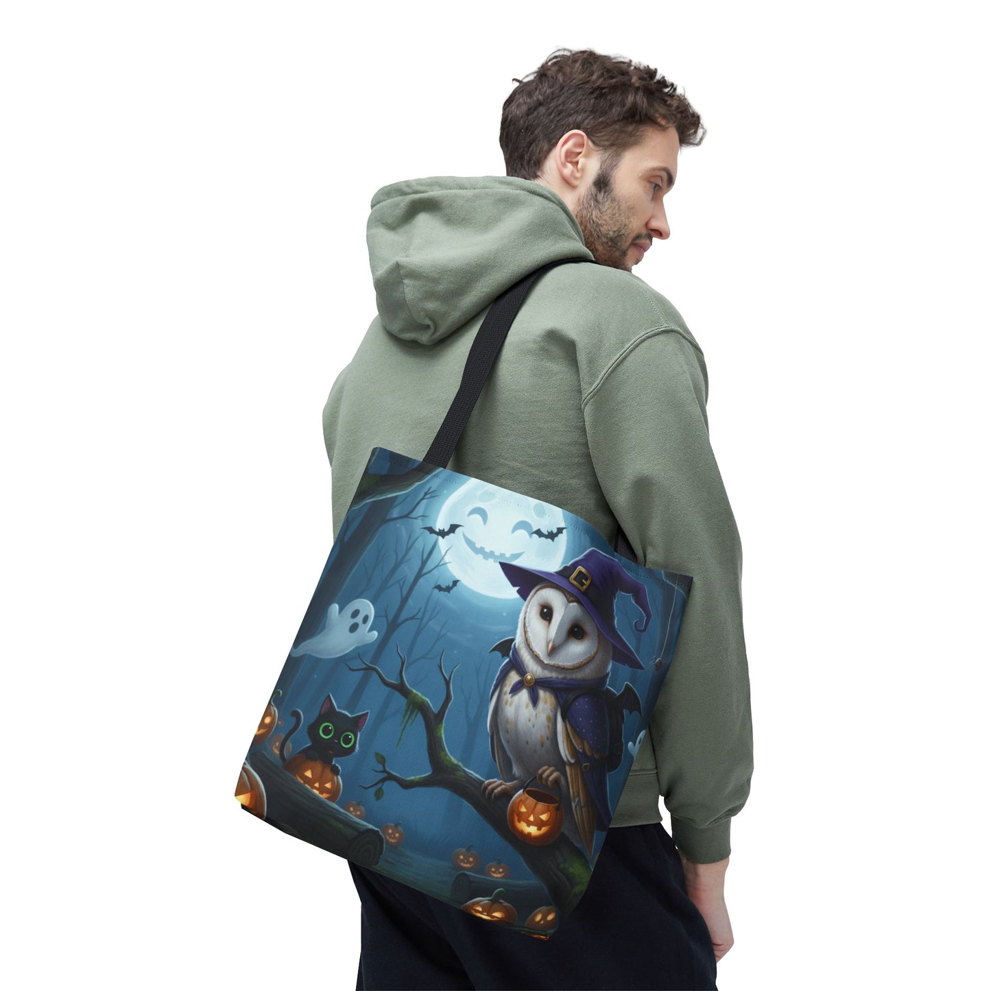 Barn Owl Halloween Tote Bag: Purple Cape & Witch Hat | 16"x16" Polyester | Bird Decor Accessory
