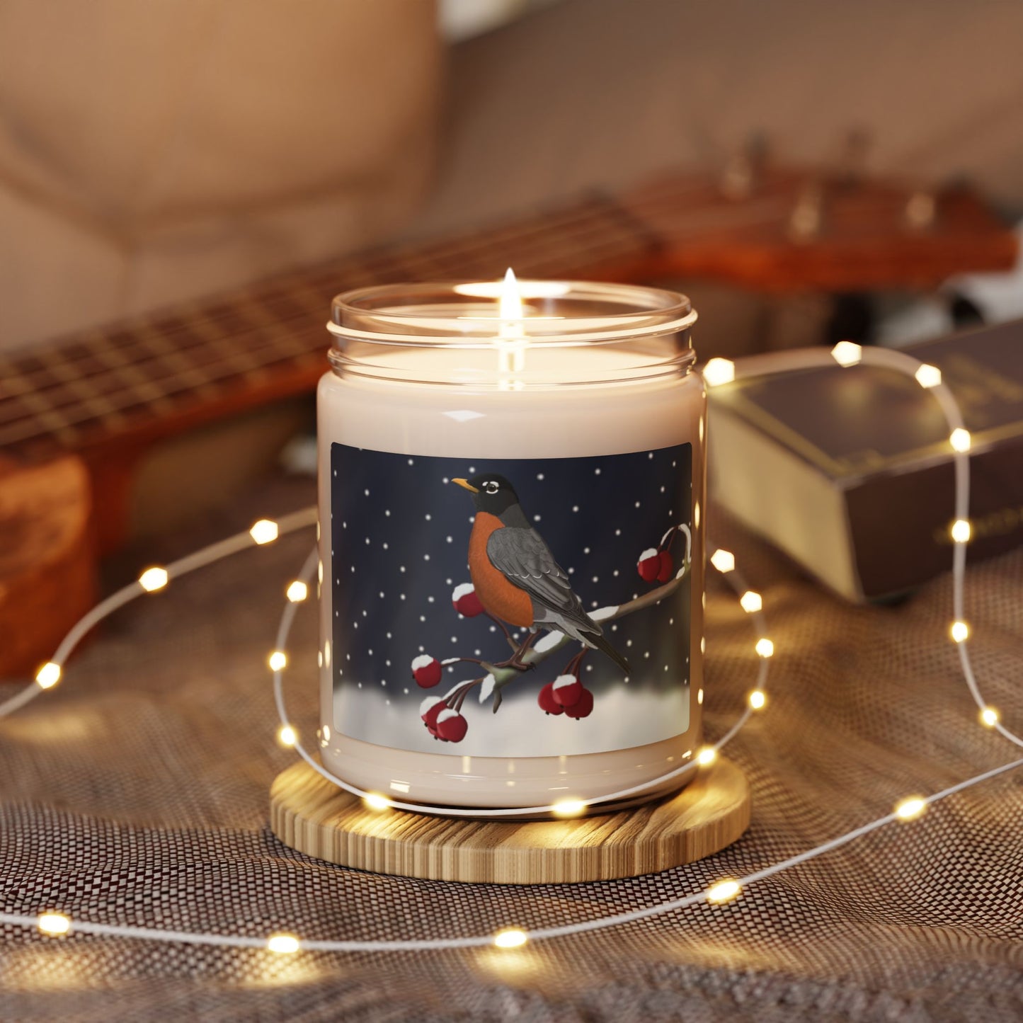 Robin on a Winter Branch Christmas Bird Art Scented Soy Candle, 9oz