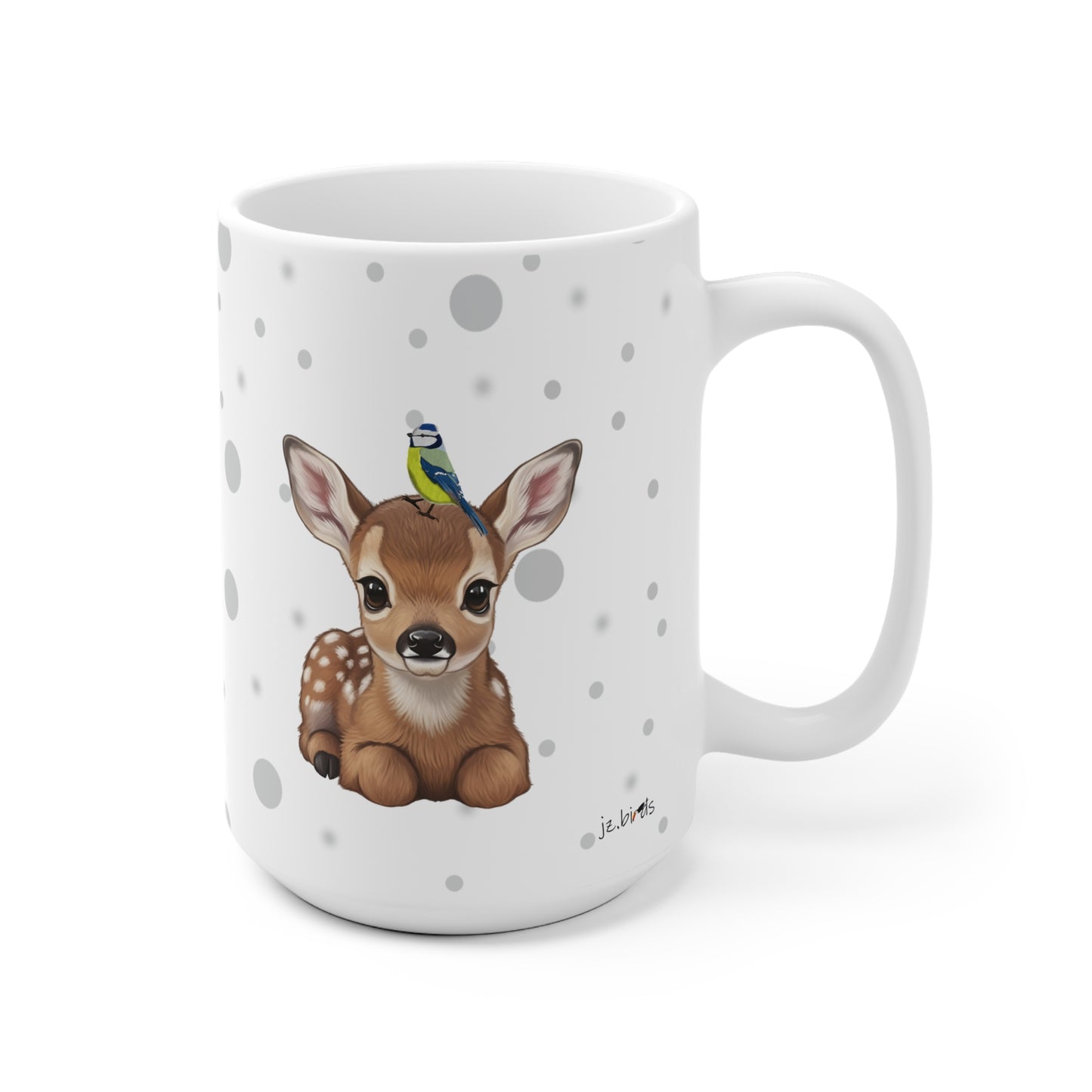 Rehkitz Tasse mit Blaumeise Tiermotiv Punkte Grau