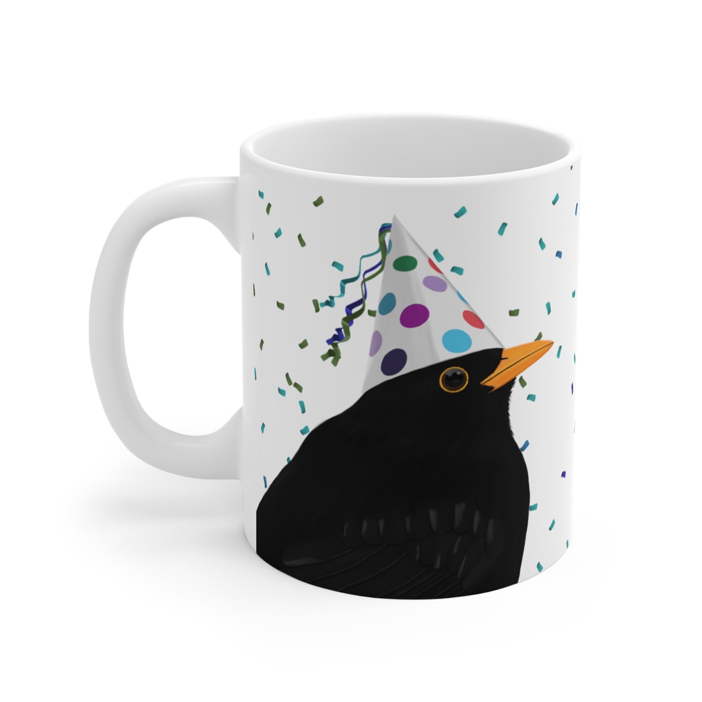 Amsel feiert Geburtstag mit Partyhut und Konfetti Vogel Tasse