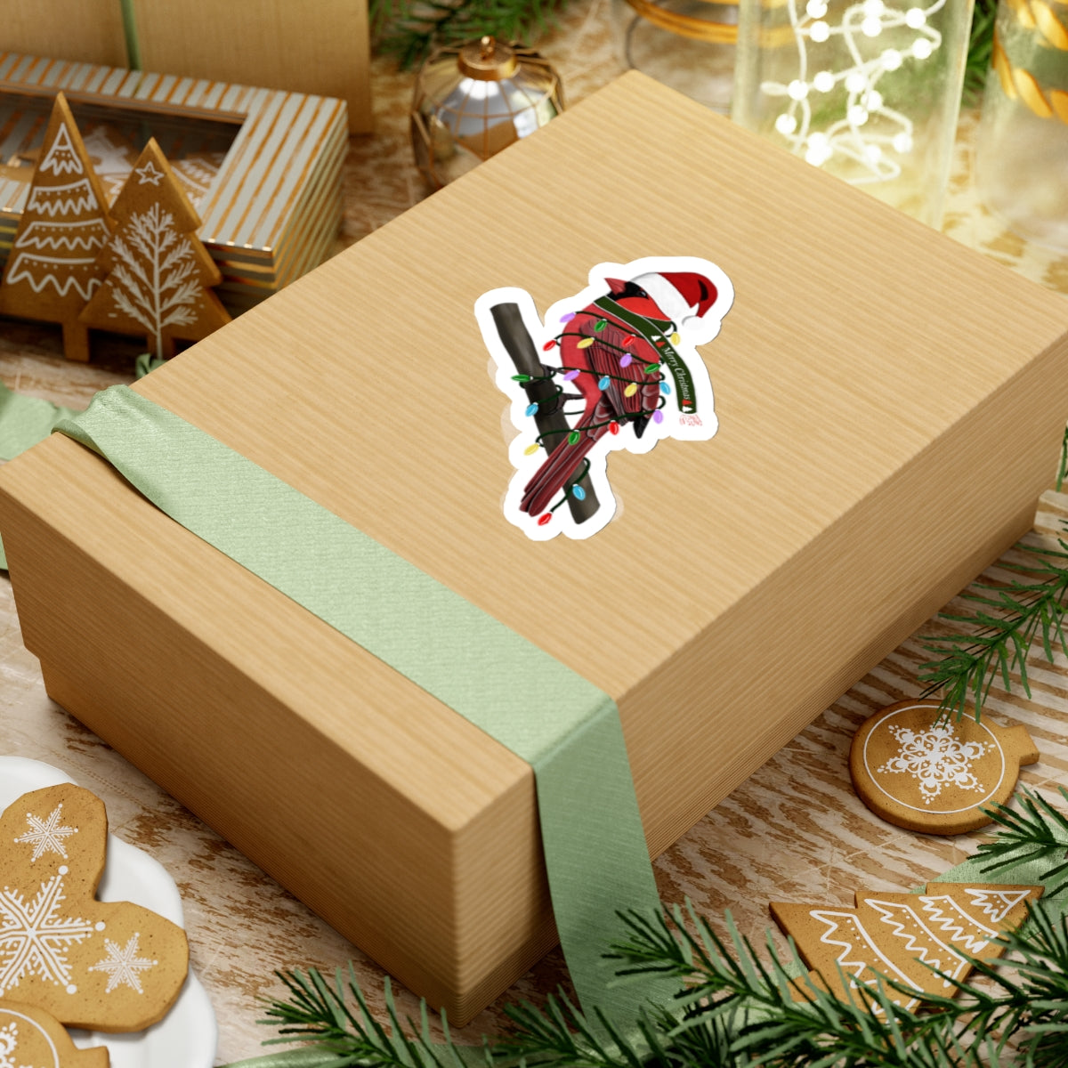 Cardinal with Fairy Lights Santa Claus Hat and Scarf Christmas Bird Sticker – Paper products
