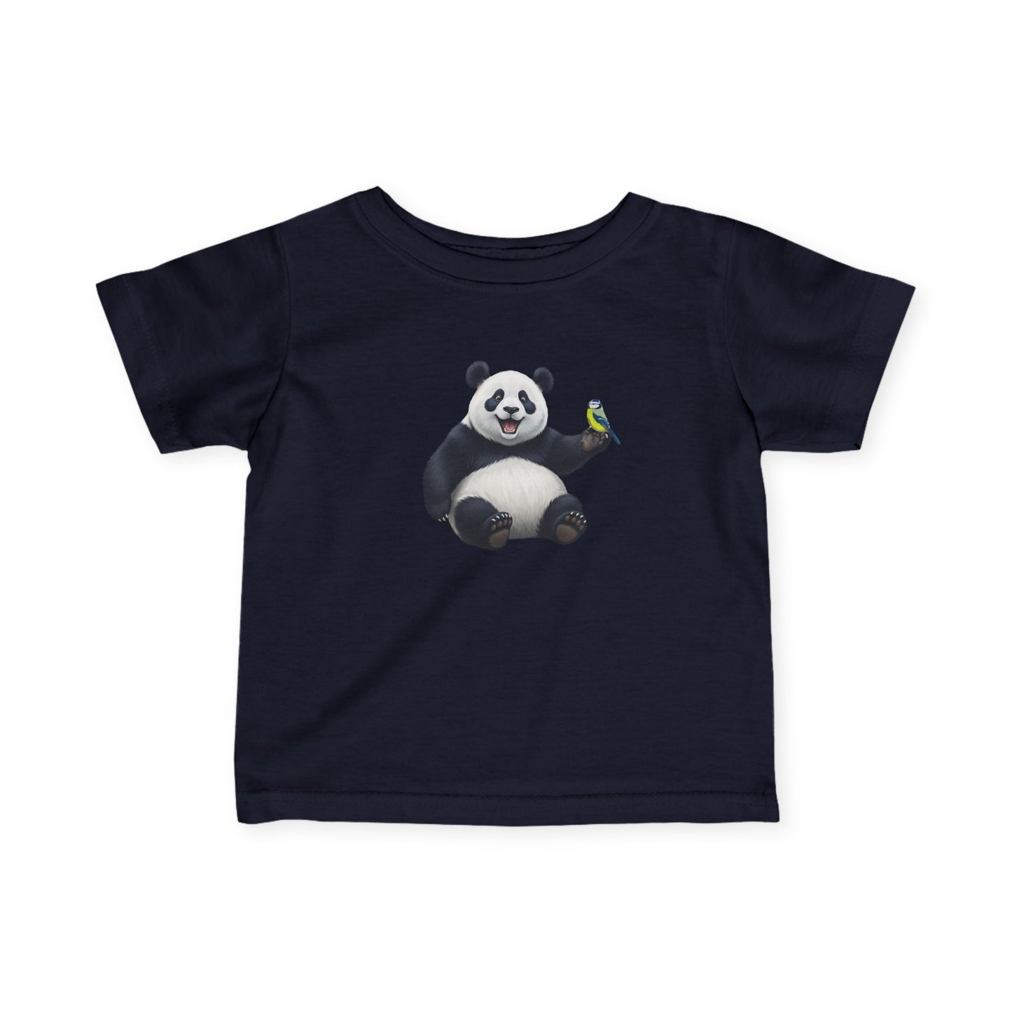 Fröhlicher Panda mit Blaumeise Vogel Tiermotiv T-Shirt für Babys und Kleinkinder