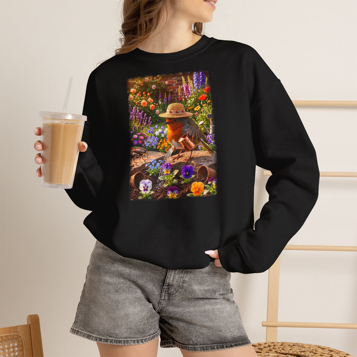 Niedliches Rotkehlchen Sweatshirt beim Blumen gießen | Gemütlicher Garten-Pullover