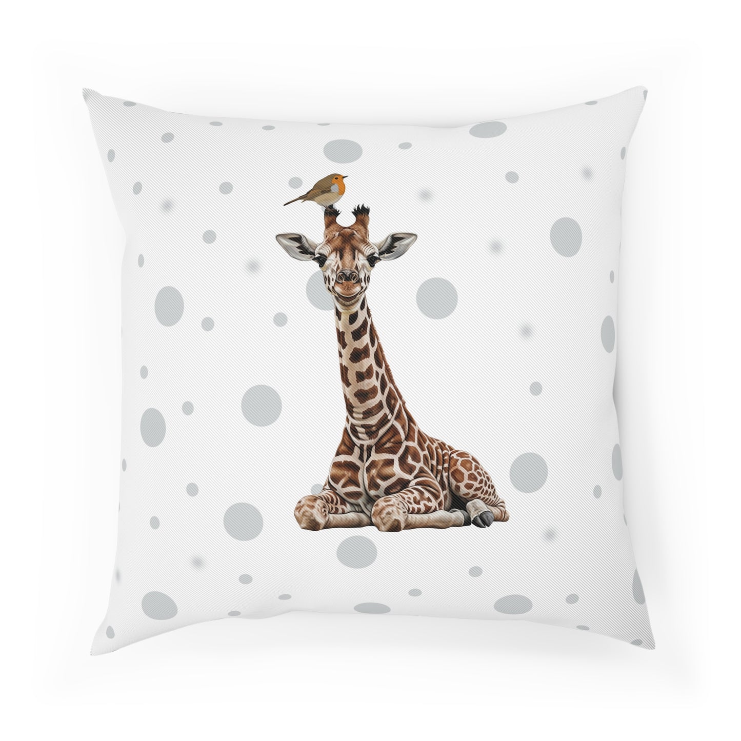Rotkehlchen mit Giraffe Vogel Tiermotiv Kissen – Dekokissen mit Vogelmotiv Weiß mit grauen Punkten