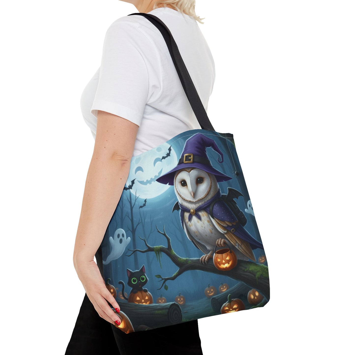 Barn Owl Halloween Tote Bag: Purple Cape & Witch Hat | 16"x16" Polyester | Bird Decor Accessory