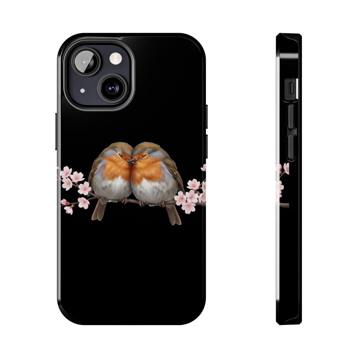 European Robin with Cherry Blossoms iPhone Case – Premium Tough Phone Cover Black – animal lover,