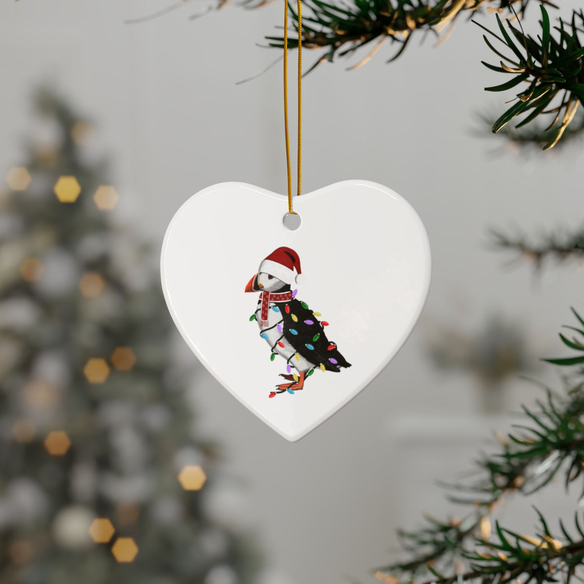 Puffin as Santa Ceramic Bird Christmas Ornament | Durable Double-Sided Bird Lover Decor