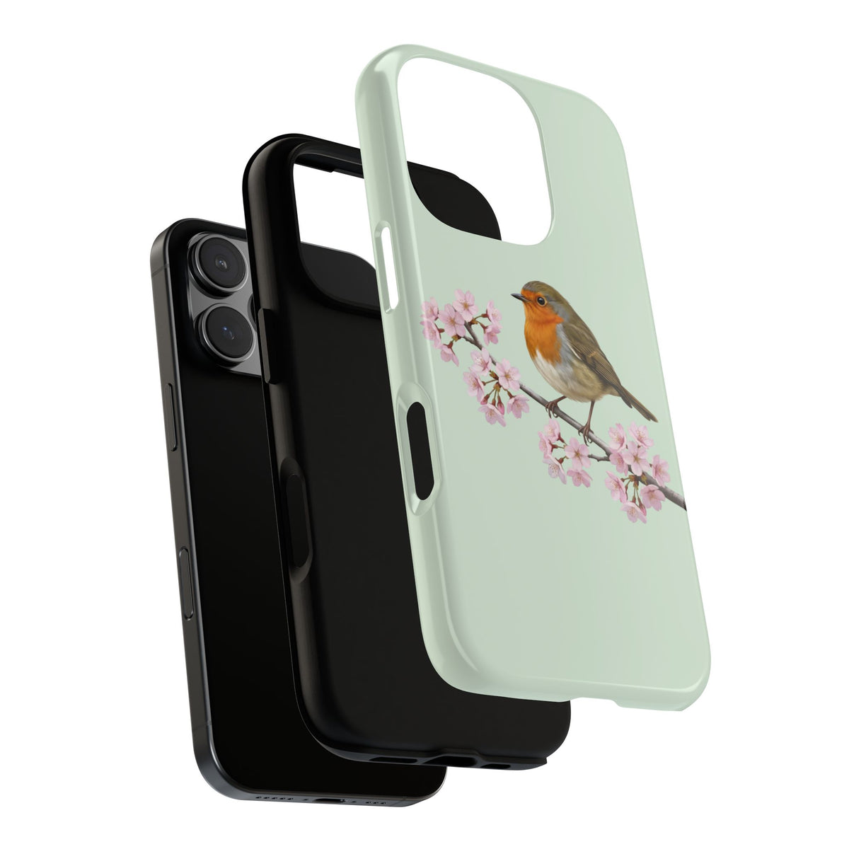 Coque de téléphone Robin vert sauge | Motif floral avec fleurs de cerisier et oiseau pour iPhone et Google Pixel