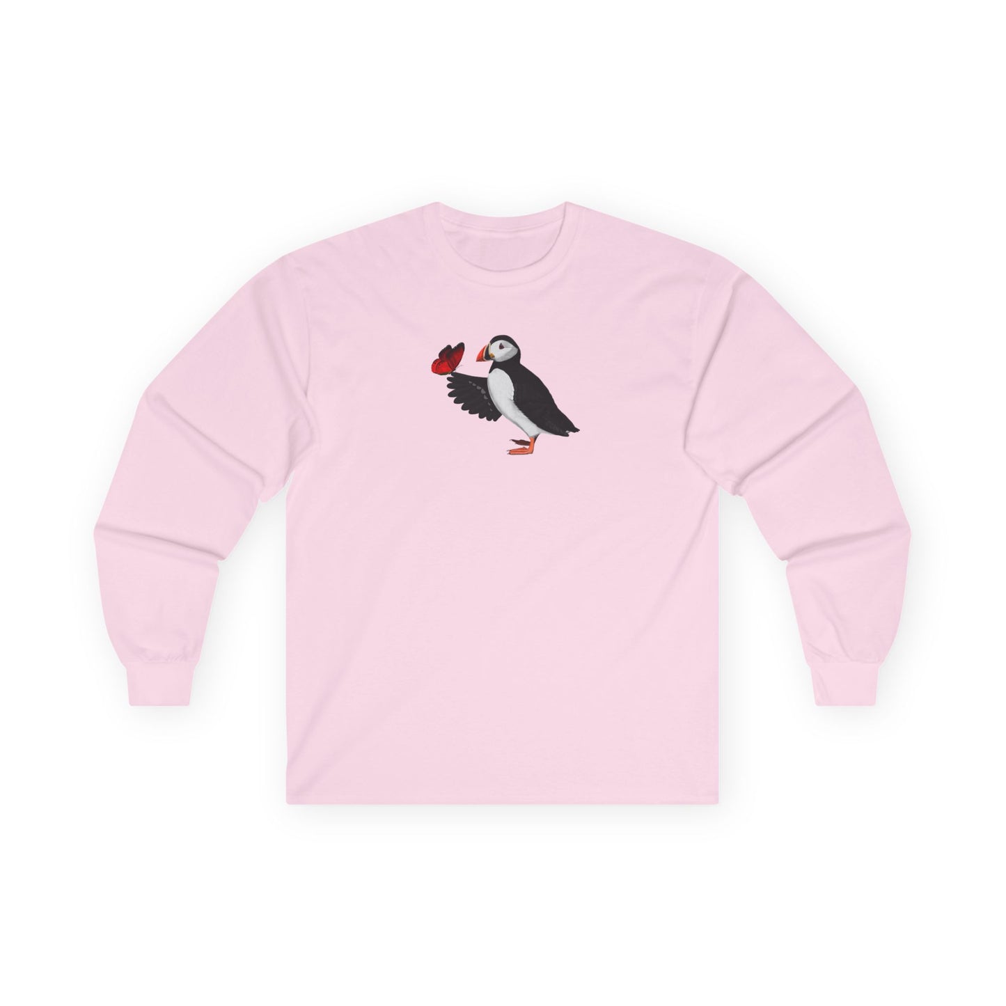Puffin with Butterfly Birding & Birdwatching Bird Cotton Long Sleeve T-Shirt