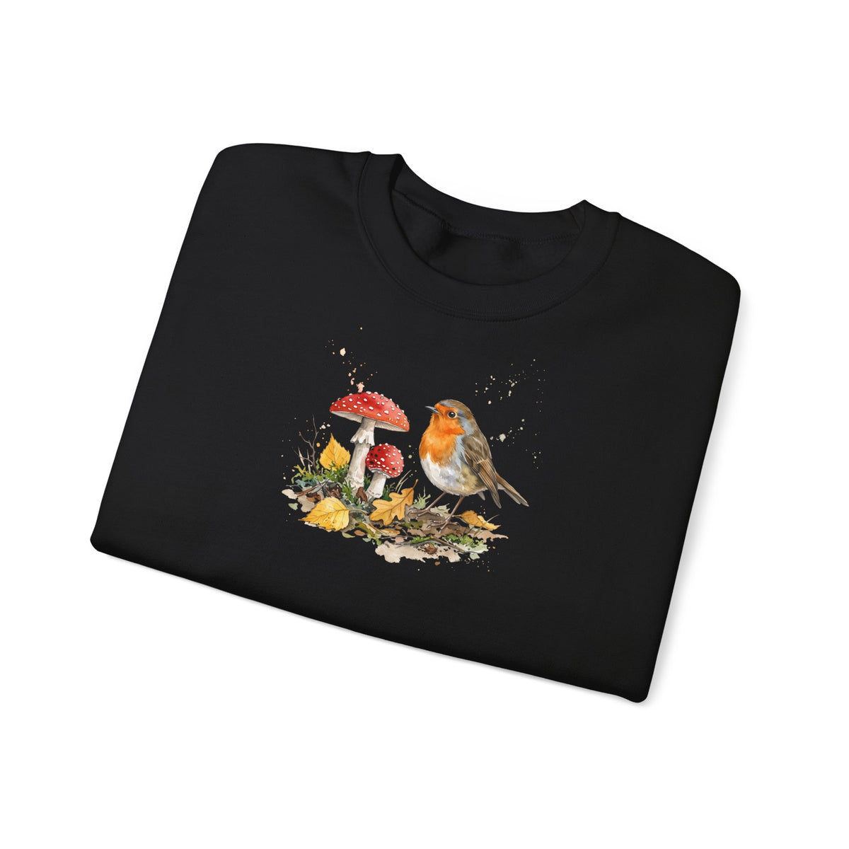 Rotkehlchen Herbst-Sweatshirt – Gemütlicher Pullover mit Herbstlaub & Fliegenpilzen