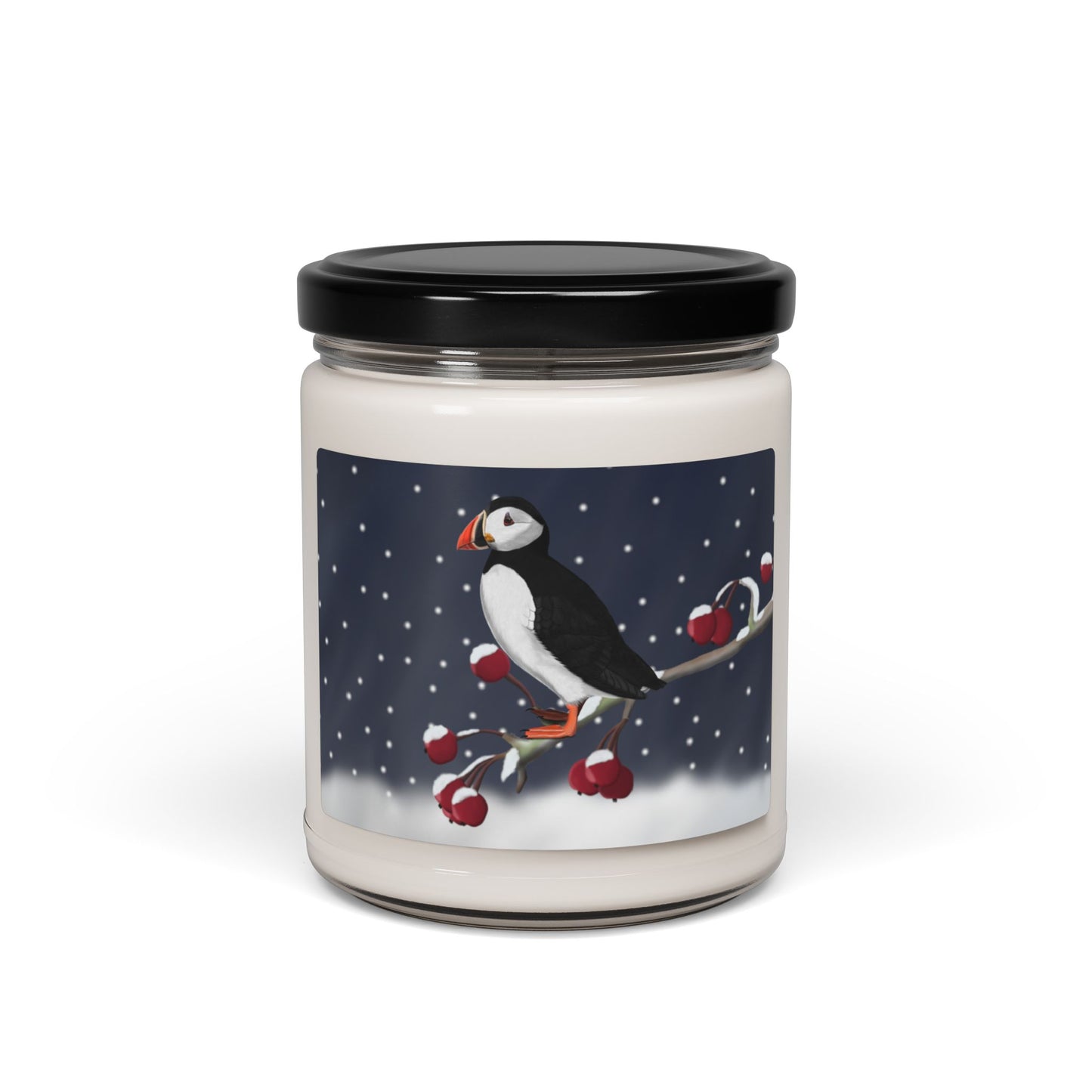 Puffin on a Winter Branch Christmas Bird Art Scented Soy Candle, 9oz