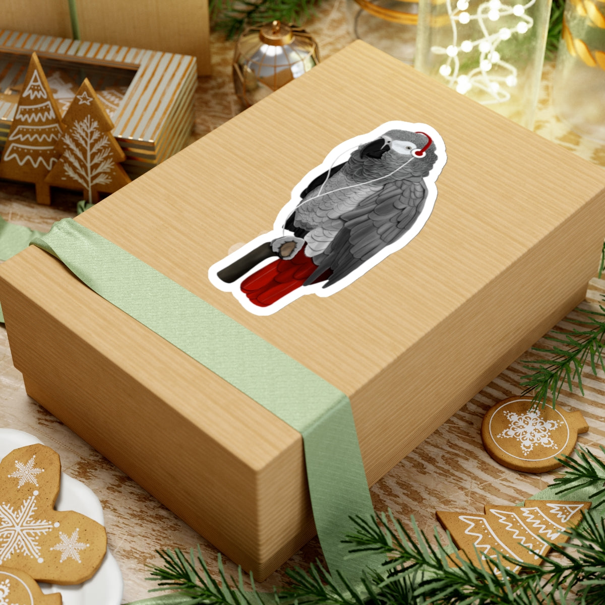 Grey Parrot Bird with Music Headphones Sticker