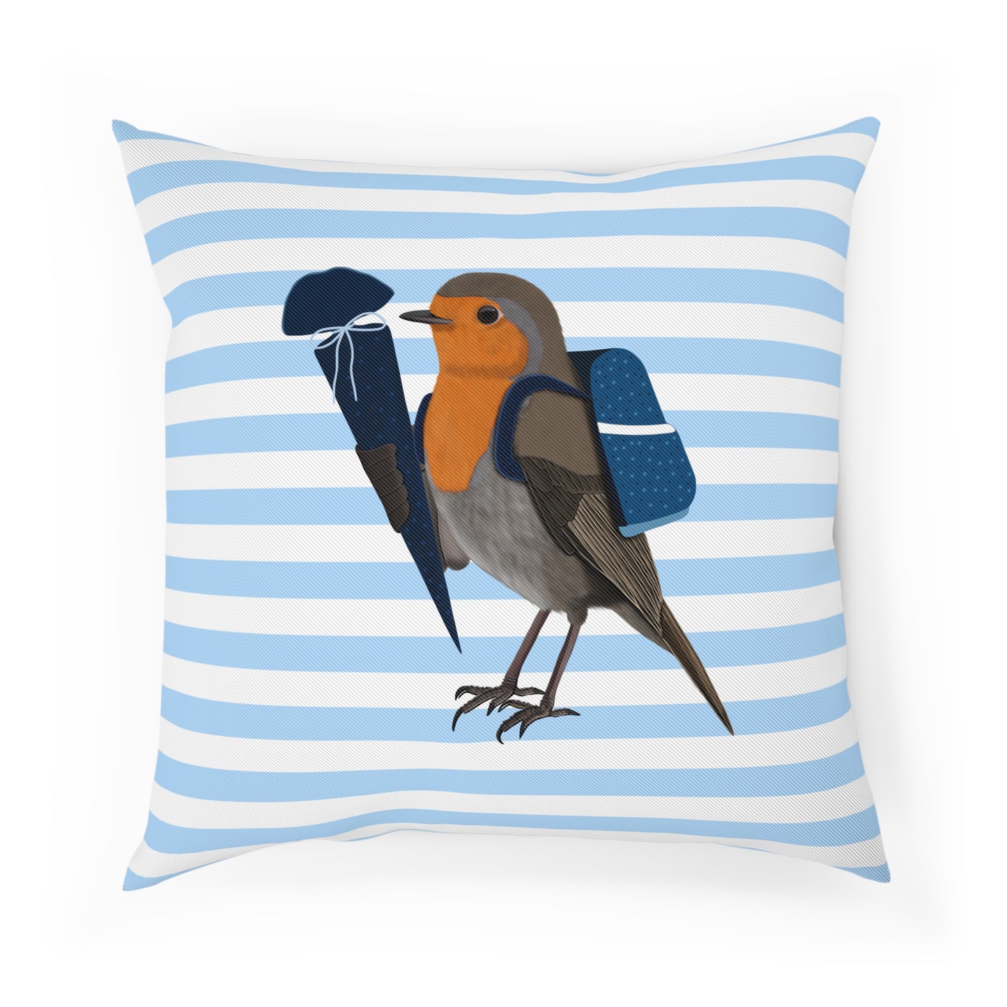 Rotkehlchen mit Schultüte Vogel Kissen – Dekokissen mit Vogelmotiv zur Einschulung Blau